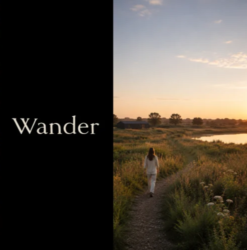 A woman walking along a trail through a field during sunset, with a body of water and trees in the distance, and a black panel on the left with the word 'Wander' in white text.