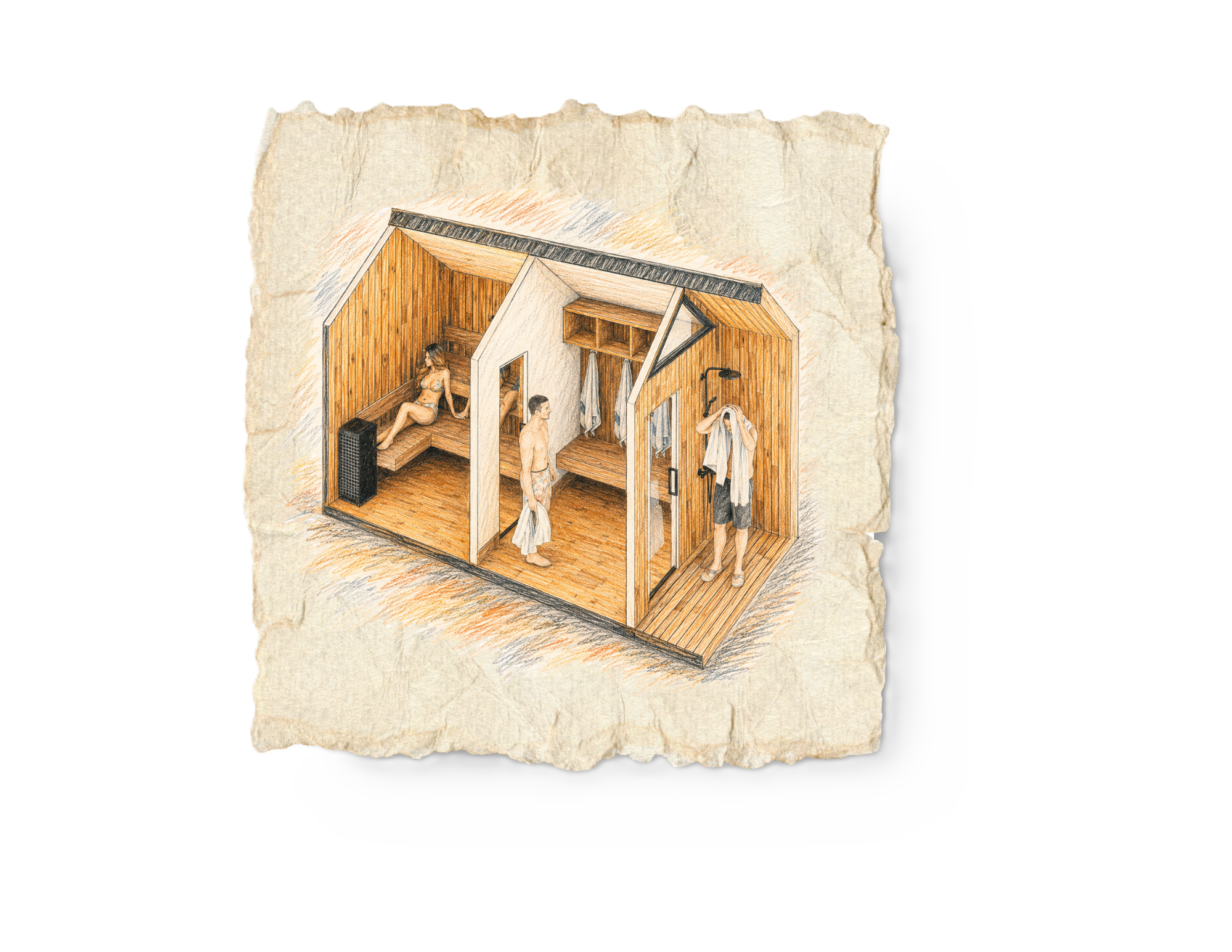 A hand-drawn illustration of a sauna with two sections, one with a woman sitting on a bench, and the other with a man standing and drying himself, both in swimwear.
