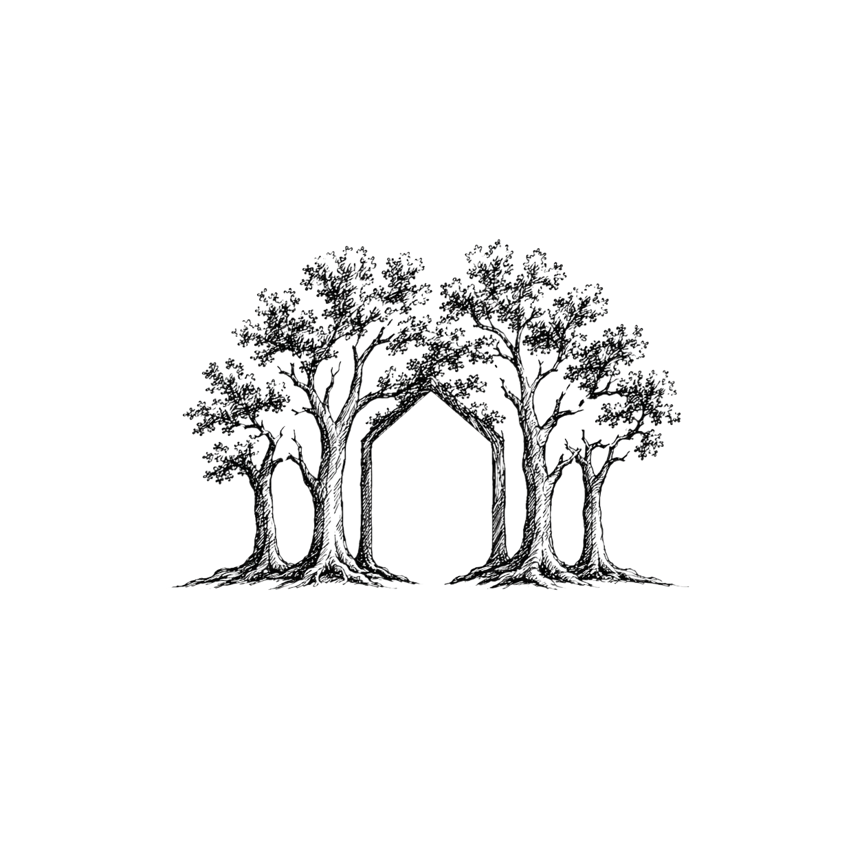 Black background with a white sketch of four trees forming an archway, with a house-shaped opening in the center.