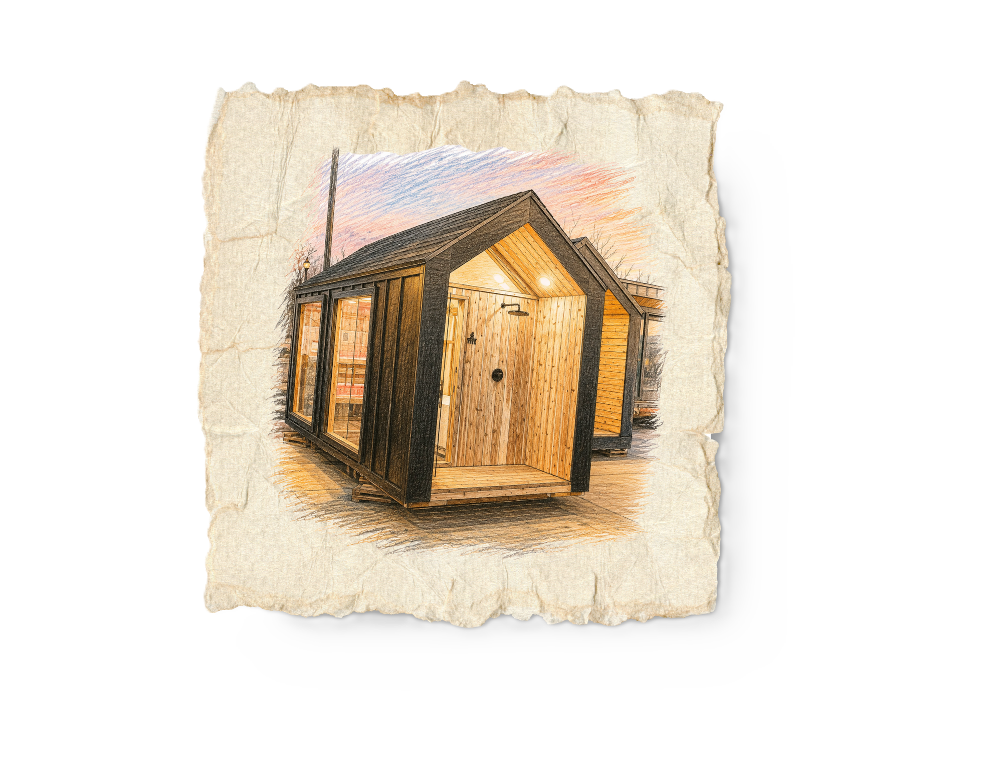 Color sketch of a modern tiny house with large windows and an outdoor shower, set against a sunset sky.