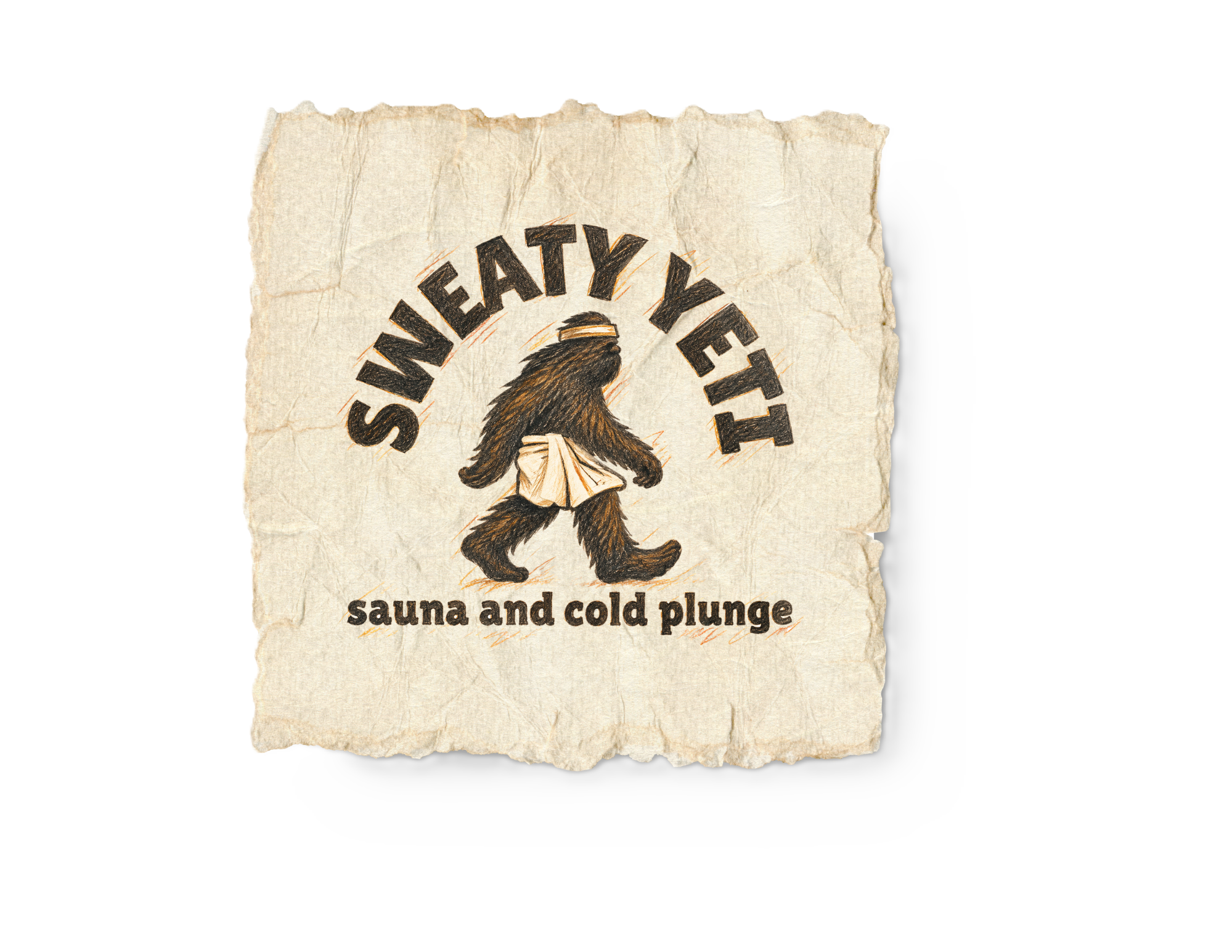 A vintage-style poster with a bear wearing a towel on its head, holding a towel in front of it. The text reads 'Sweaty Yeti' with smaller text underneath saying 'sauna and cold plunge'. The poster has a ragged, old paper look.