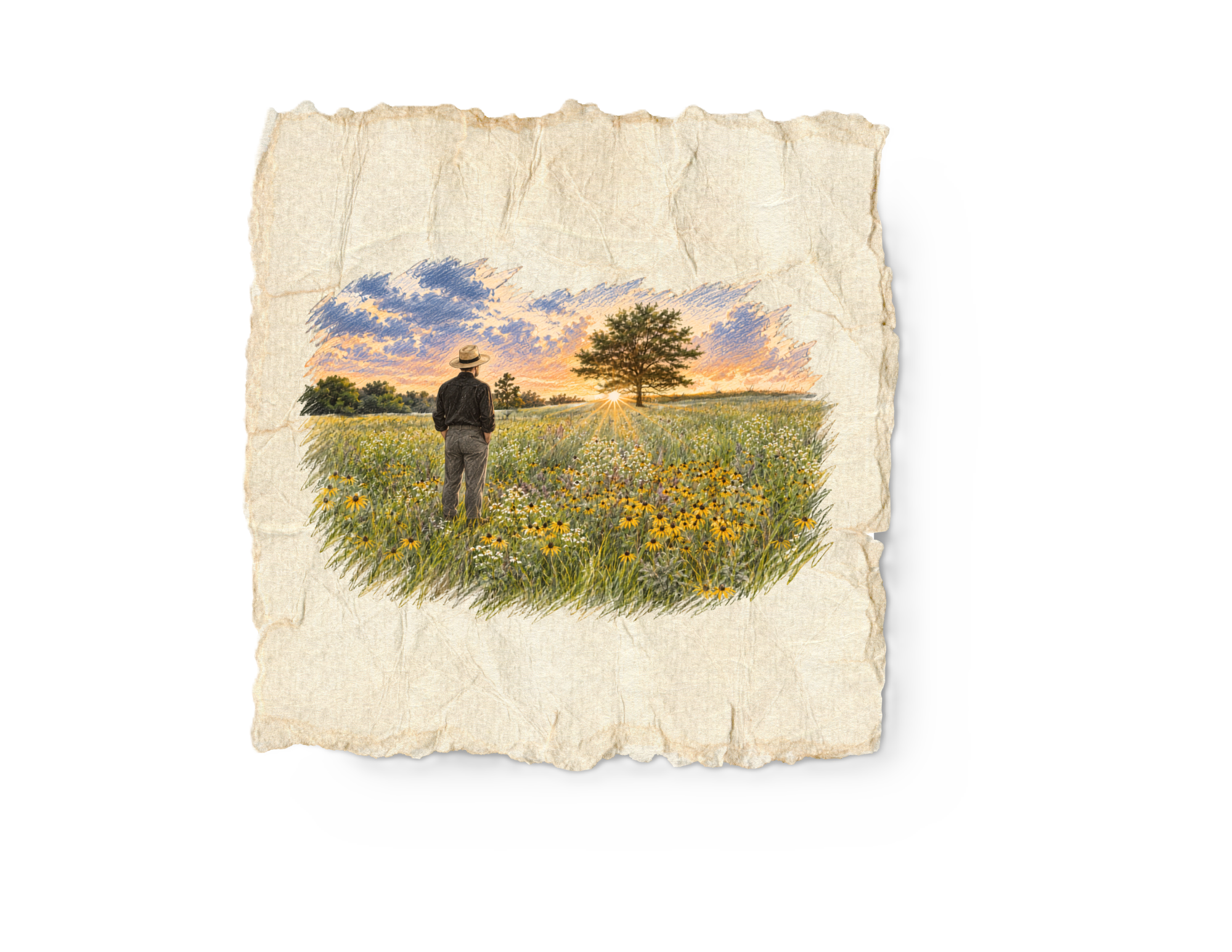 A person standing in a field of yellow and white flowers, looking towards a sunset with a large tree in the background, on a paper textured background.