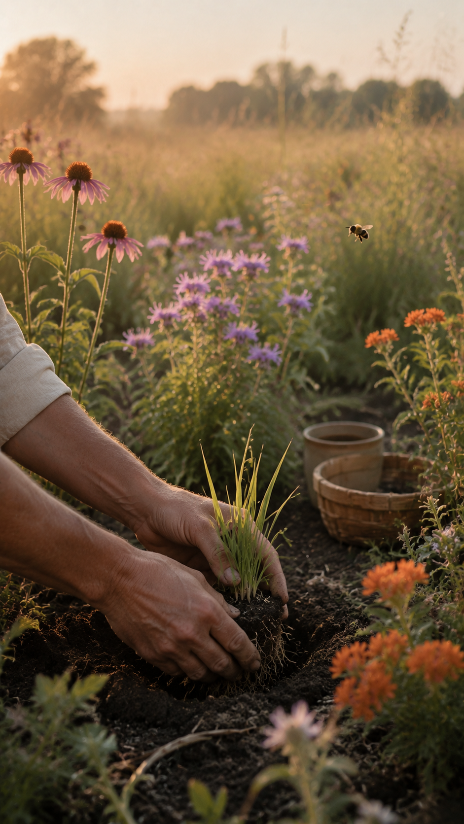 A person planting green grass or small plants in a garden with colorful flowers, including purple and orange blossoms, during sunset with a bee flying nearby.
