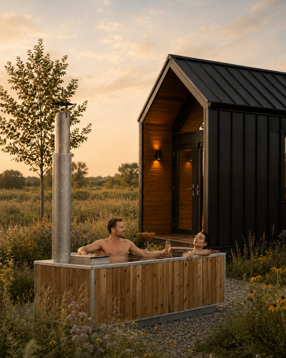 A man and woman relaxing in an outdoor hot tub at sunset, holding glasses of wine, with a small black cabin and a tree in the background.