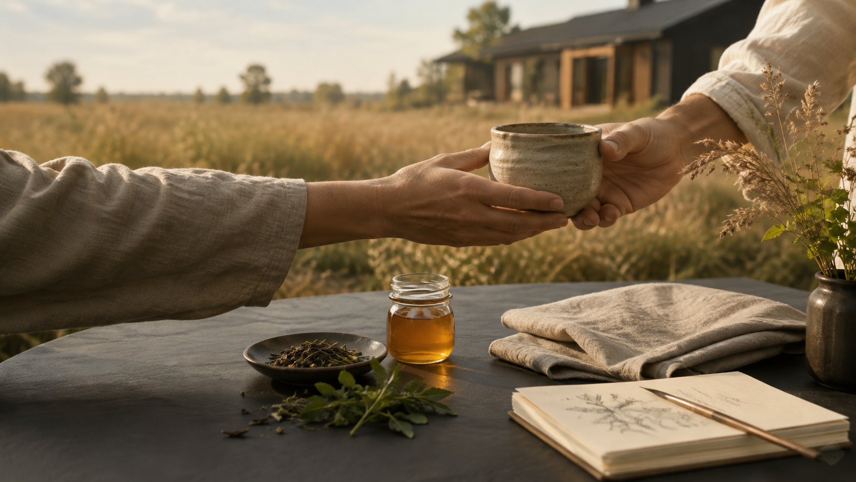 Two people exchanging a ceramic mug outdoors, with a table set with honey, herbs, an open sketchbook, and a vase of flowers, in a rural setting during late afternoon.