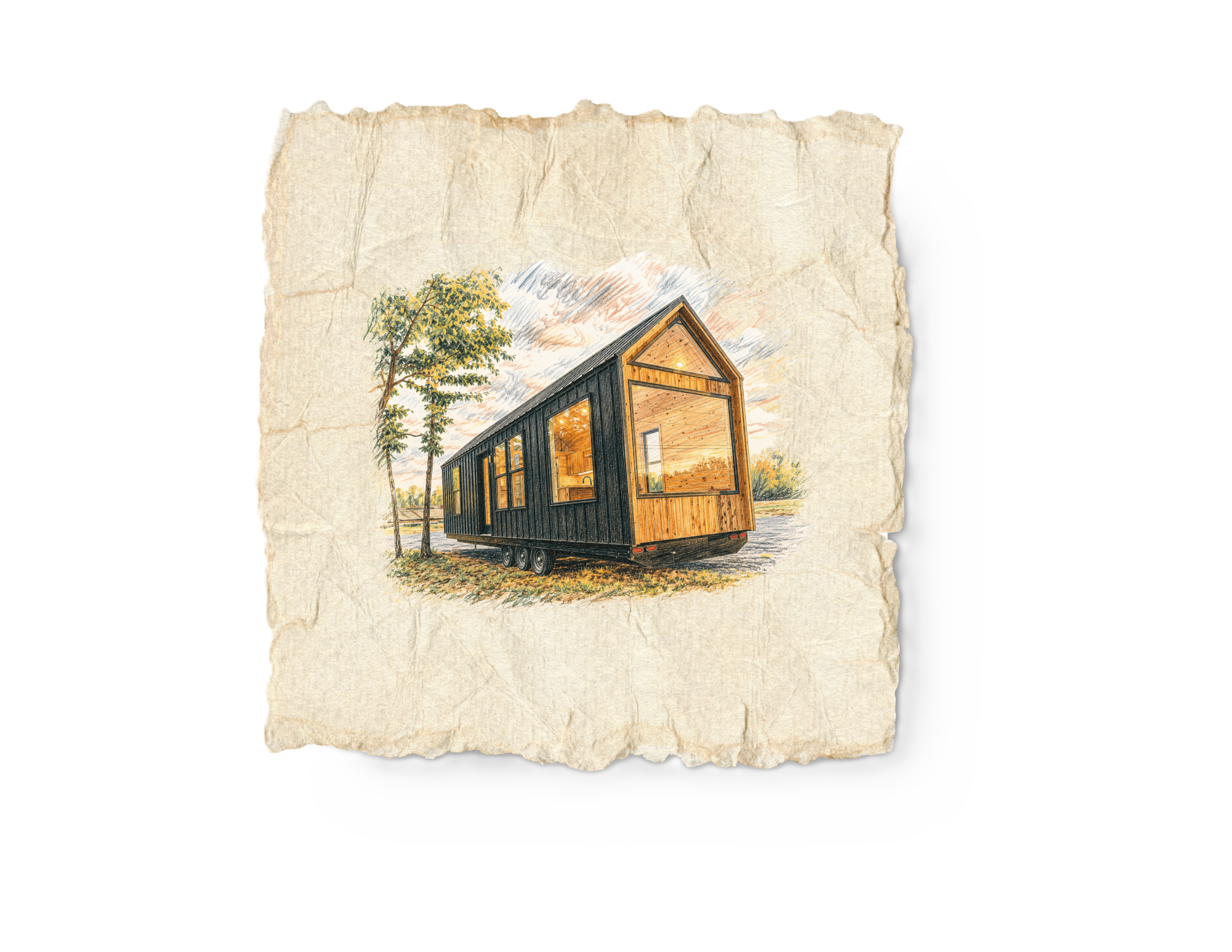 Illustration of a modern tiny house on wheels with large windows, set outdoors near trees at sunset.