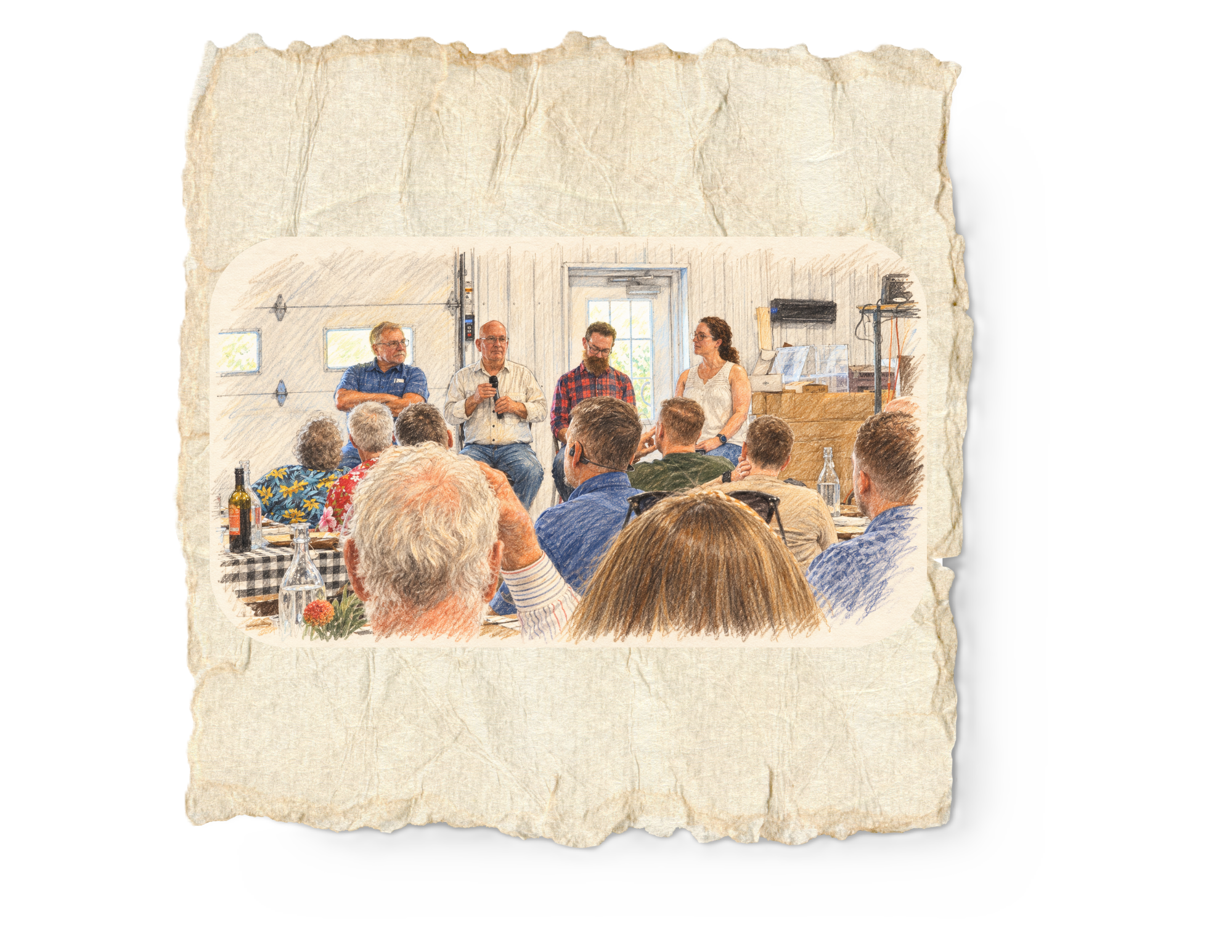 A watercolor style illustration of a man speaking into a microphone while seated, with four other people sitting nearby, in a room with a door and shelves in the background. The crowd is seated at tables with checkered tablecloths, bottles, and flowers, attending a discussion or presentation.