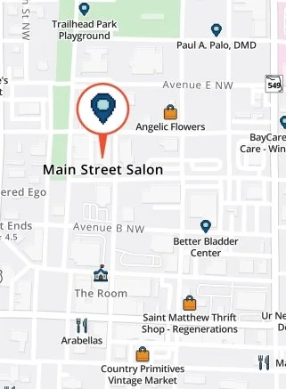 Map showing various businesses and landmarks including Main Street Salon, Saint Matthew Thrift Shop, Arabellas, Better Bladder Center, Trailhead Park Playground, Paul A. Palo DMD, Angelic Flowers, The Room, and Country Primitives Vintage Market.