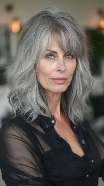 A portrait of a middle-aged woman with shoulder-length, wavy gray hair and bangs, wearing a dark blouse, in a softly lit indoor setting.