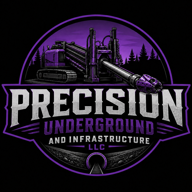 Logo for Precision Underground and Infrastructure LLC featuring an underground construction tunnel, a large drilling machine, and a purple and black color scheme.
