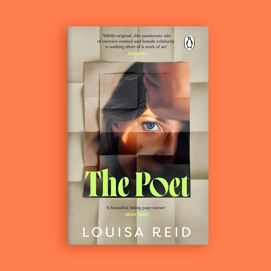 Book cover for 'The Poet' by Louisa Reid, featuring a collage of a woman's face with a patchwork design and bright green title text.