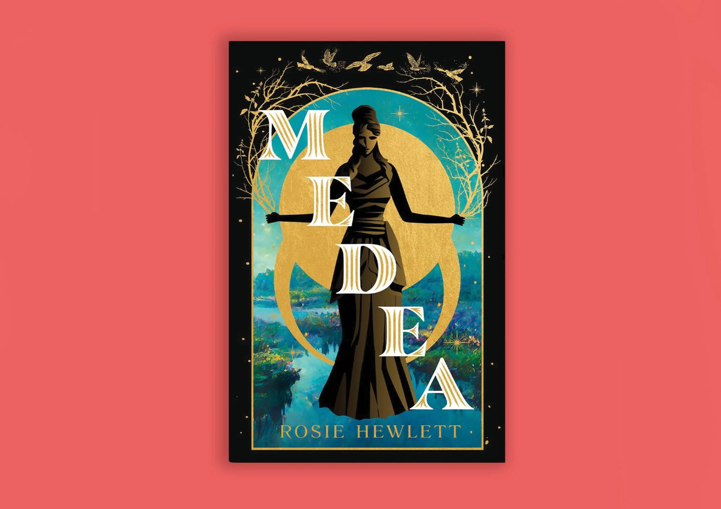 Book cover titled 'MEDEA' by Rosie Hewlett, featuring a silhouette of a woman with long hair in a black dress, with a background of sky, trees, and birds with stars, in a mystical art style.