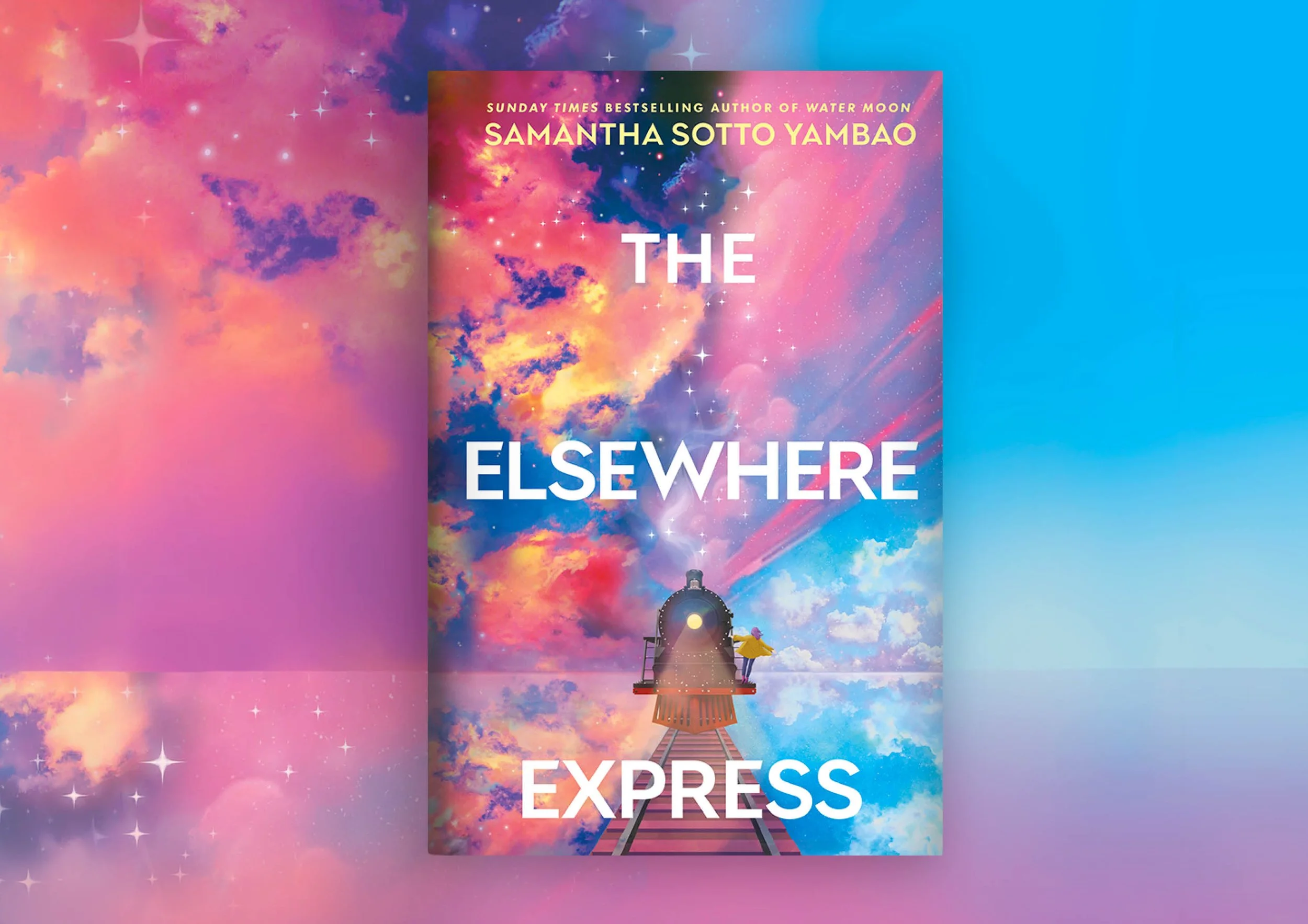  'The Elsewhere Express' by Samantha Sotto Yambao. The background features a colorful, dreamy sky with clouds, stars, and a train track leading to a telescope on a small platform, with a small girl in a yellow dress standing nearby.