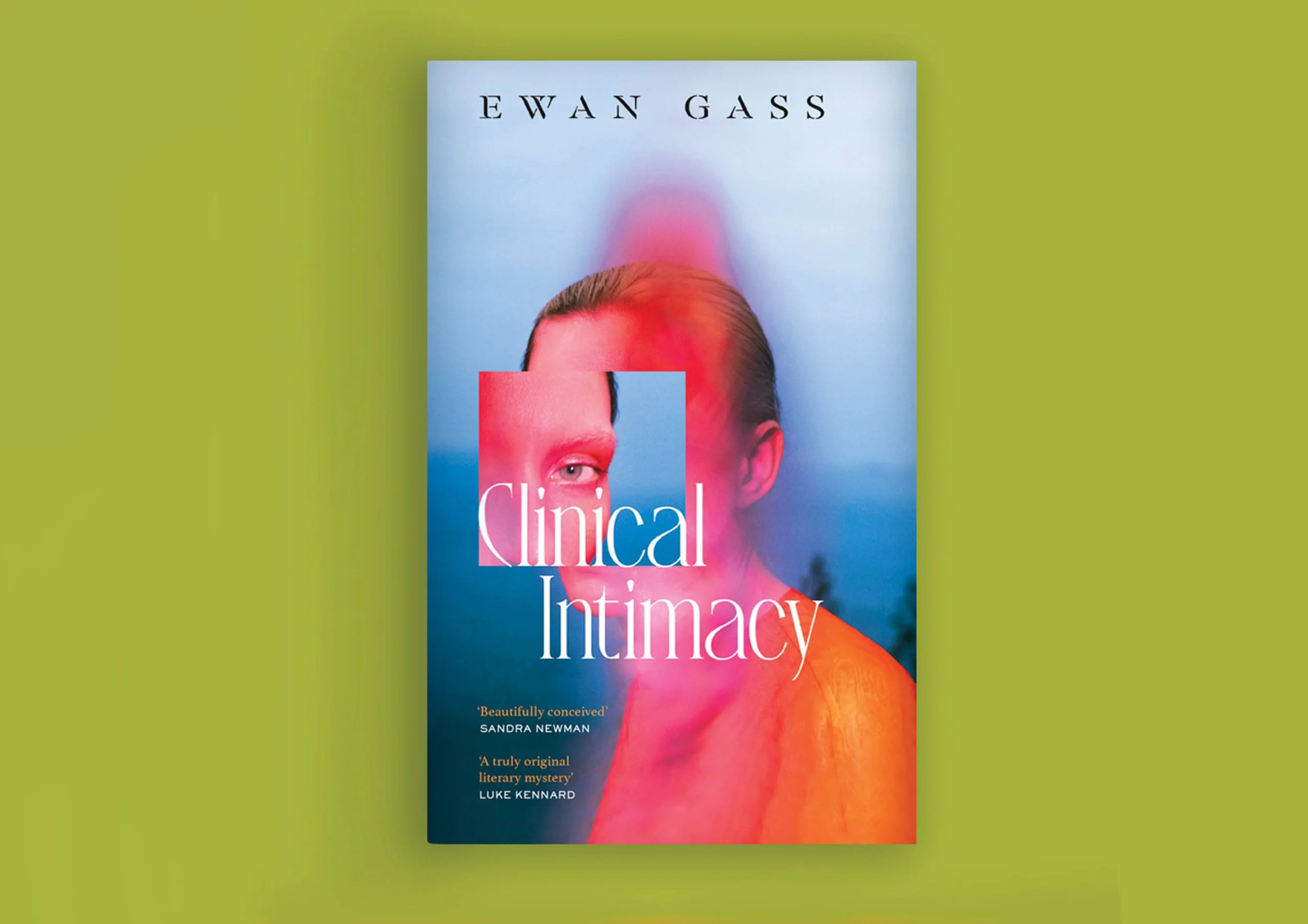 Book cover titled 'Clinical Intimacy' by Ewan Gass, featuring a stylized portrait of a woman with short hair, rendered in shades of blue, red, and orange, against a light blue background.