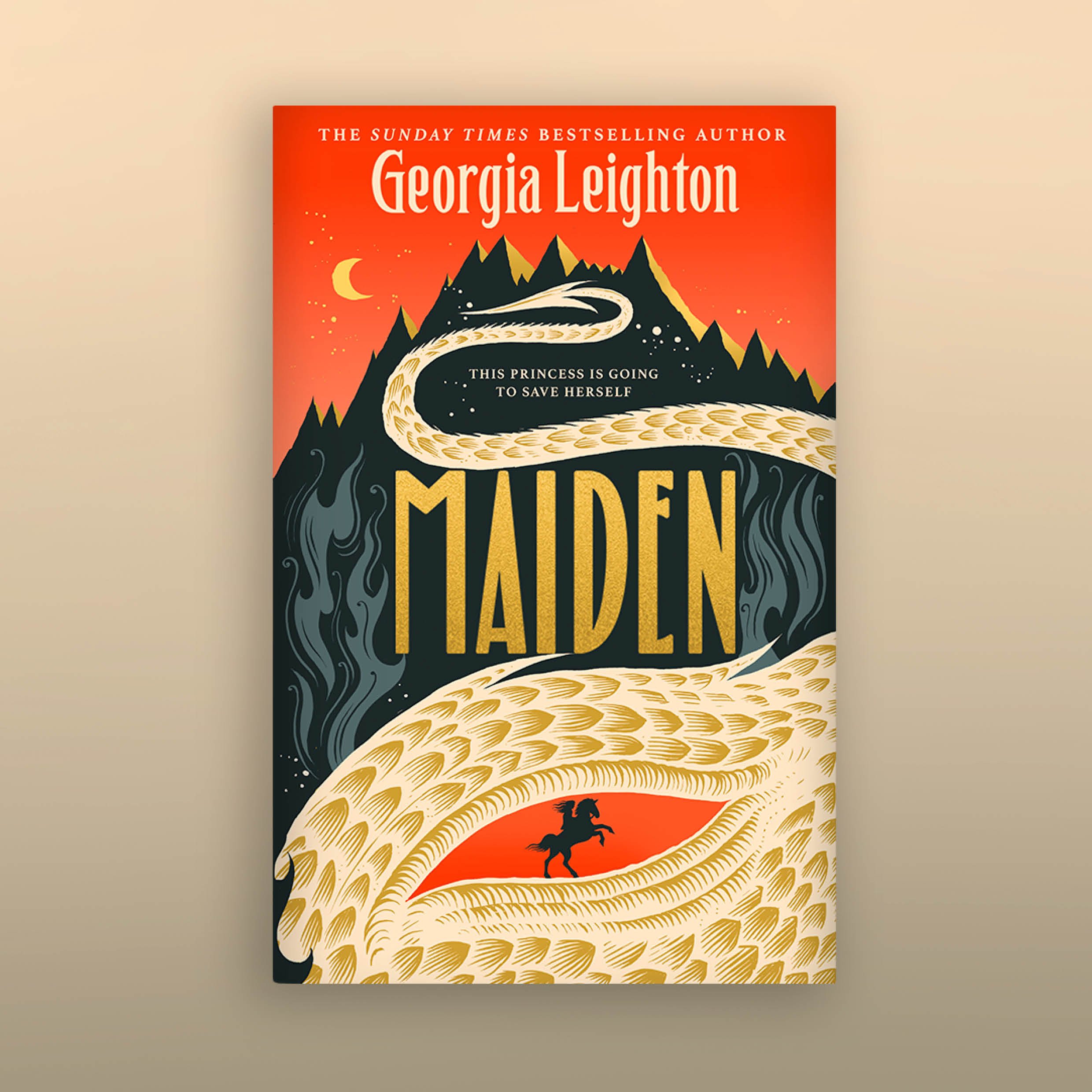 Book cover for 'Maiden' by Georgia Leighton, featuring an illustrated mountain with a winding path, a crescent moon, and a rearing horse silhouette on an orange and black background.