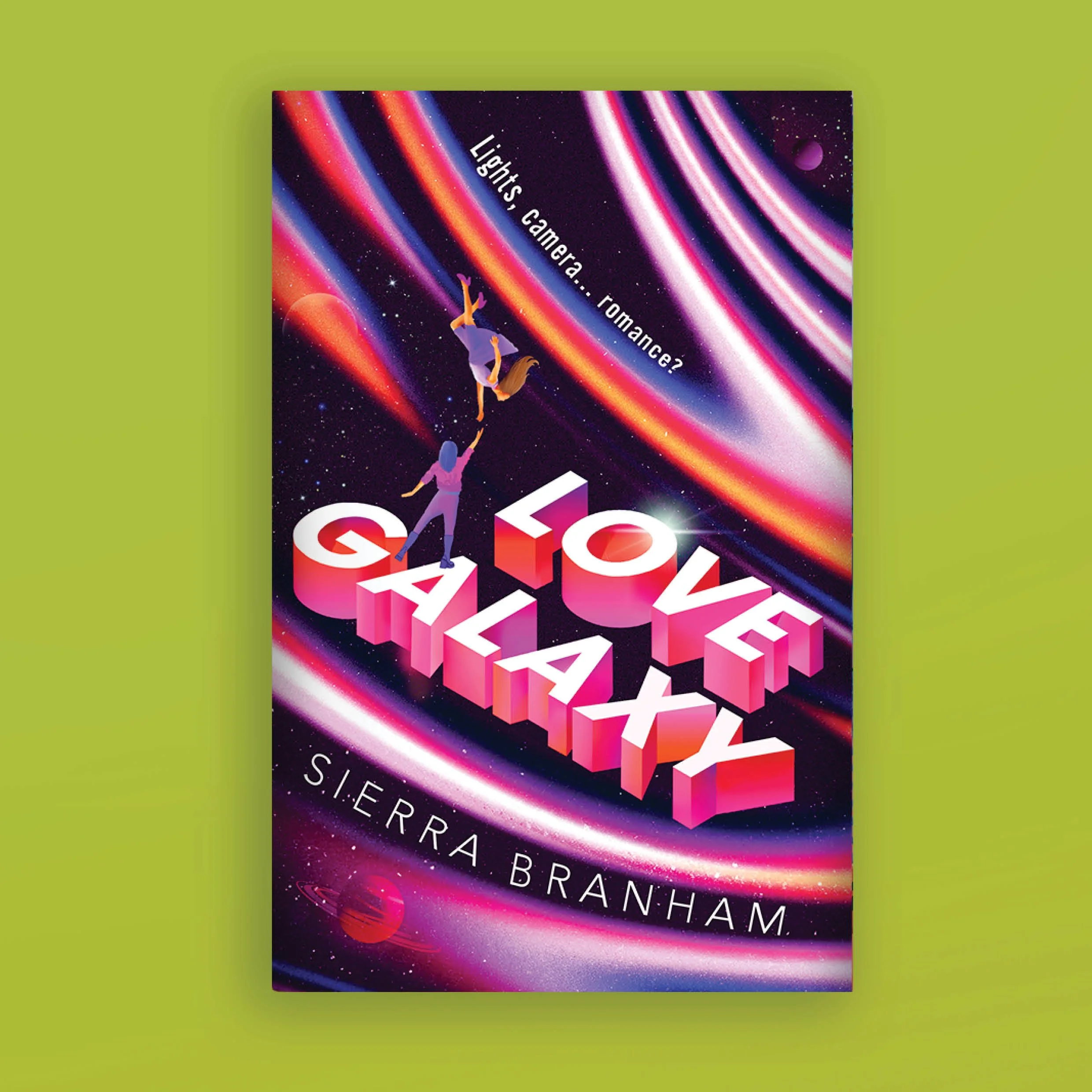Book cover with vibrant starry space background and colorful light streaks, featuring a girl upside down and a boy reaching up toward her, with white text that reads 'Love Galaxy'