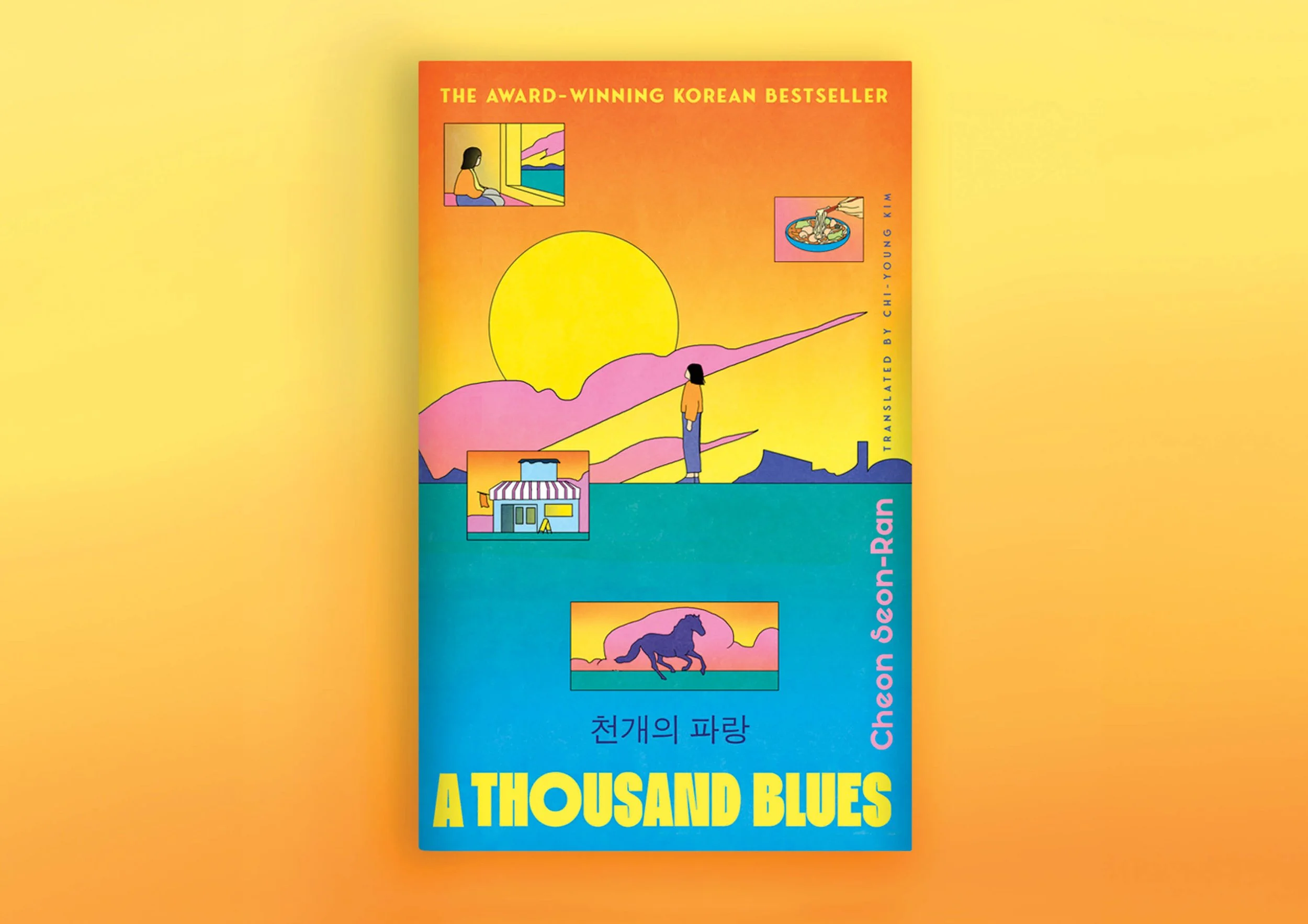 Cover of a book titled 'A Thousand Blues' with illustrations of a girl looking out a window at sunset, a bowl of noodles, a building, and a horse, all in a colorful, stylized art style.