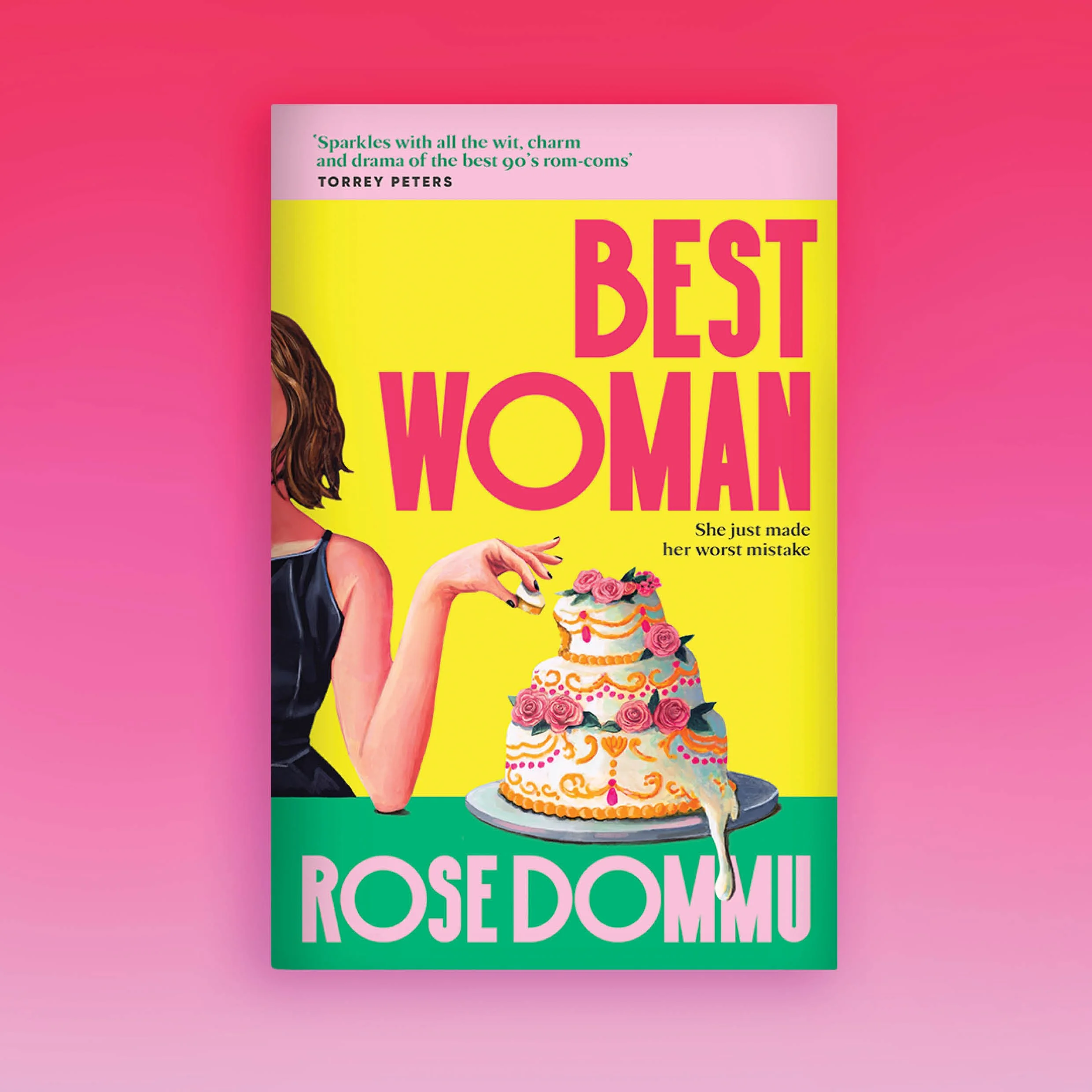 Book cover titled 'Best Woman' with a woman in a black dress holding a cake with pink roses, against pink background.