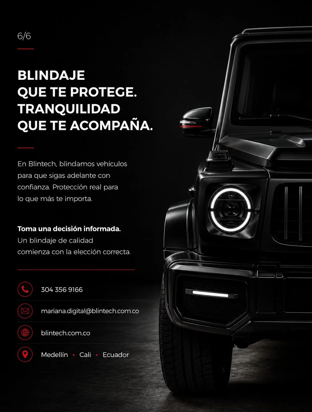 An advertisement for vehicle armor by Blintech, featuring a black luxury SUV with a focus on its headlight and front design, set against a dark background.