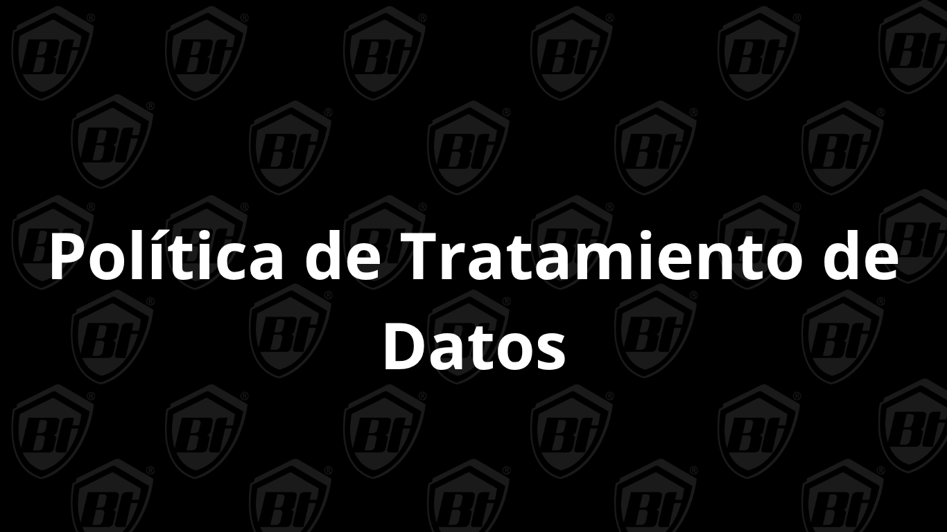 Texto que dice "Política de Tratamiento de Datos" en un fondo negro con patrones de escudos con la letra 'B' y 'i'.