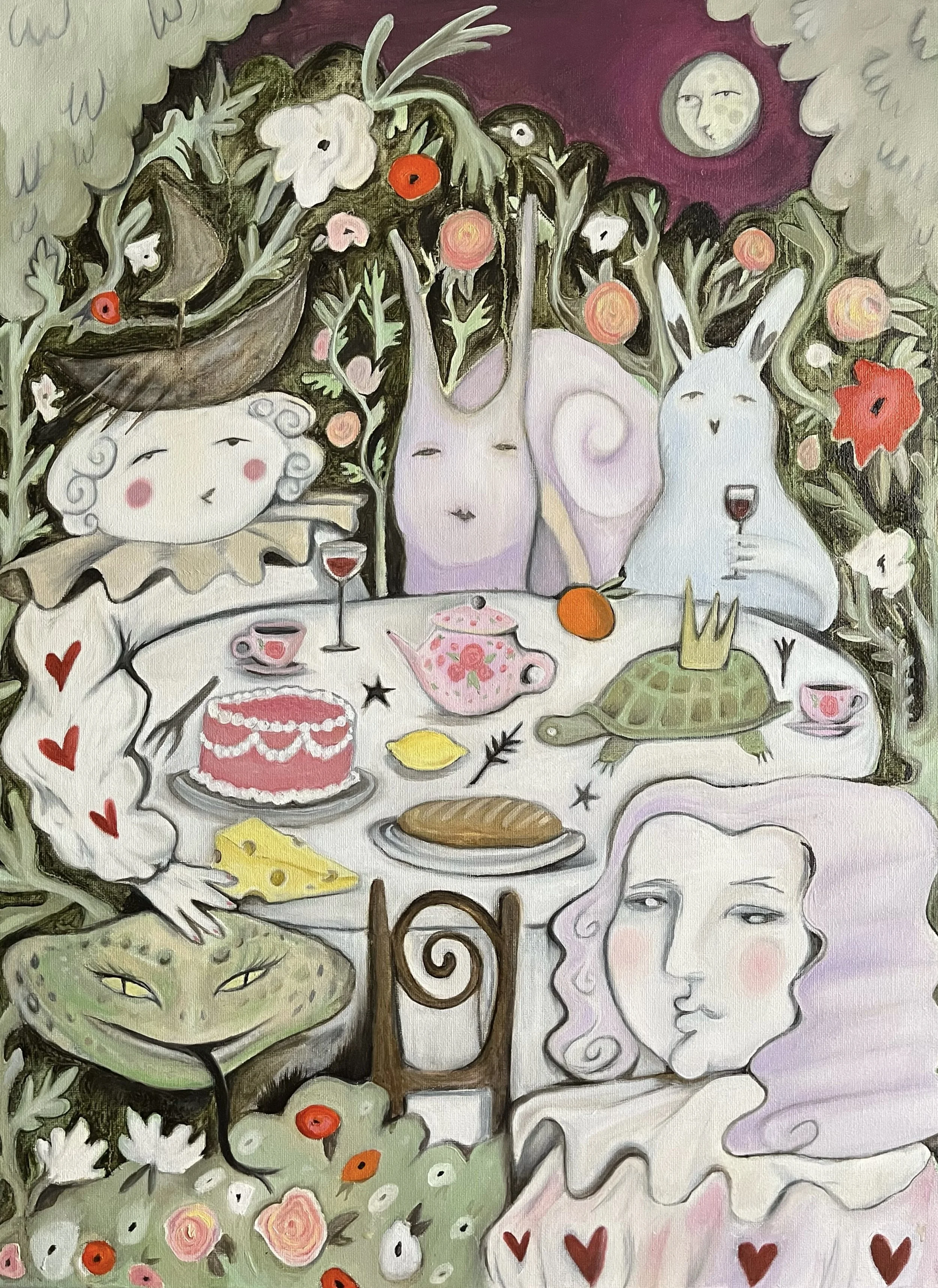 A whimsical painting featuring various fantasy characters including a snake, a cat, a sumo wrestler, a woman with a cat face, and a woman with long curly hair, set around a table with tea, cake, and a turtle, with a moon with a face in the background.