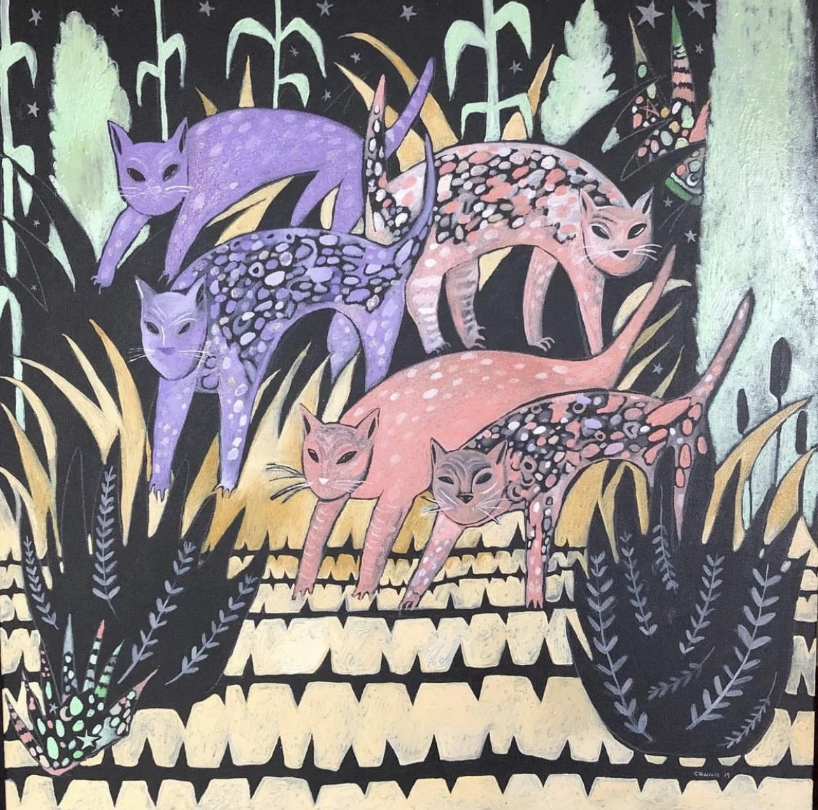 A colorful painting of six cats with spots and stripes in shades of purple, pink, and gray, walking through tall grass with a dark background decorated with stars and plants.