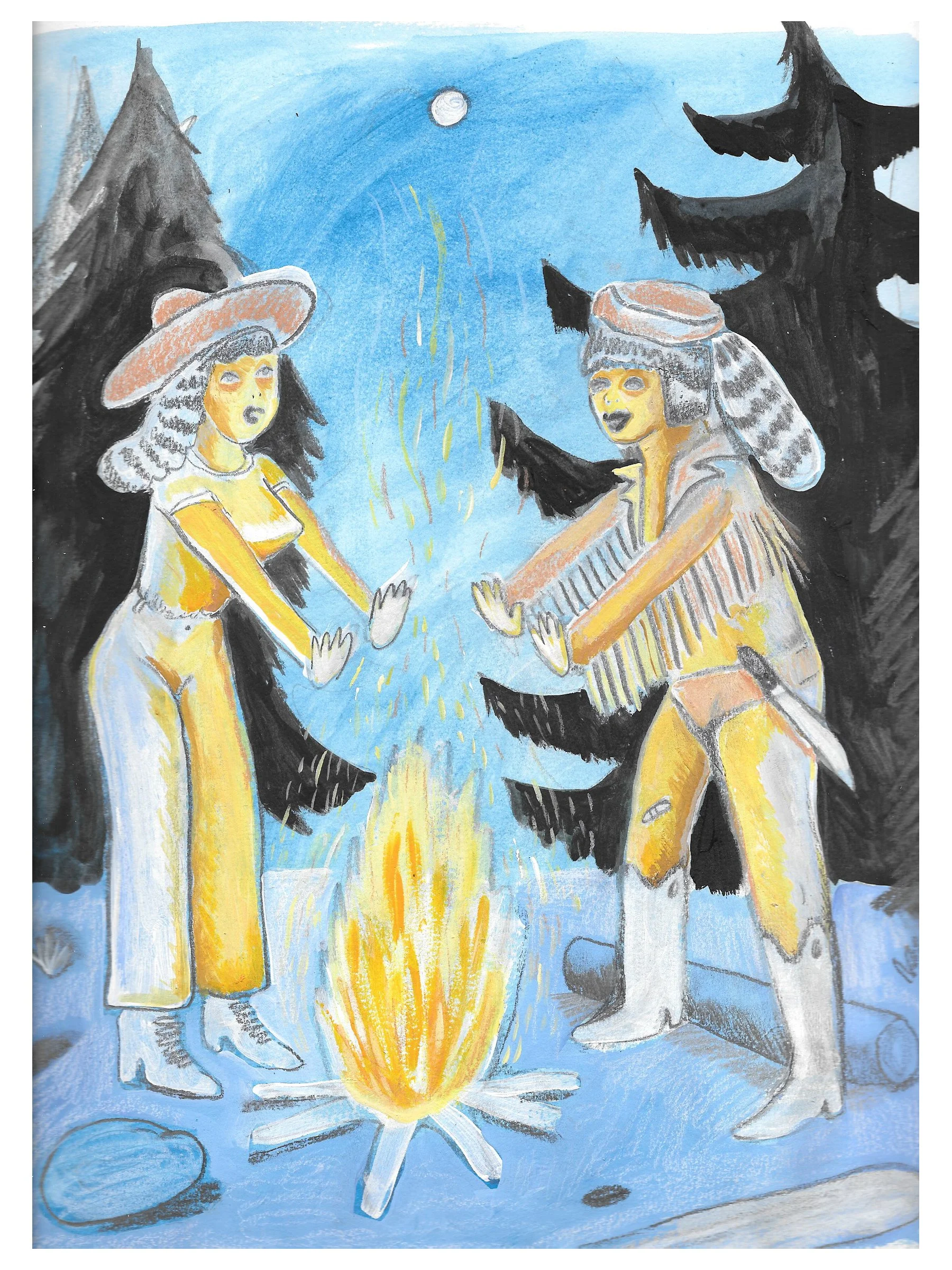 A colorful painting depicting two witches in yellow outfits and striped hats, flying on broomsticks over a blue sky with a full moon. The witches appear to be casting a spell or flying towards a bright, glowing volcano.