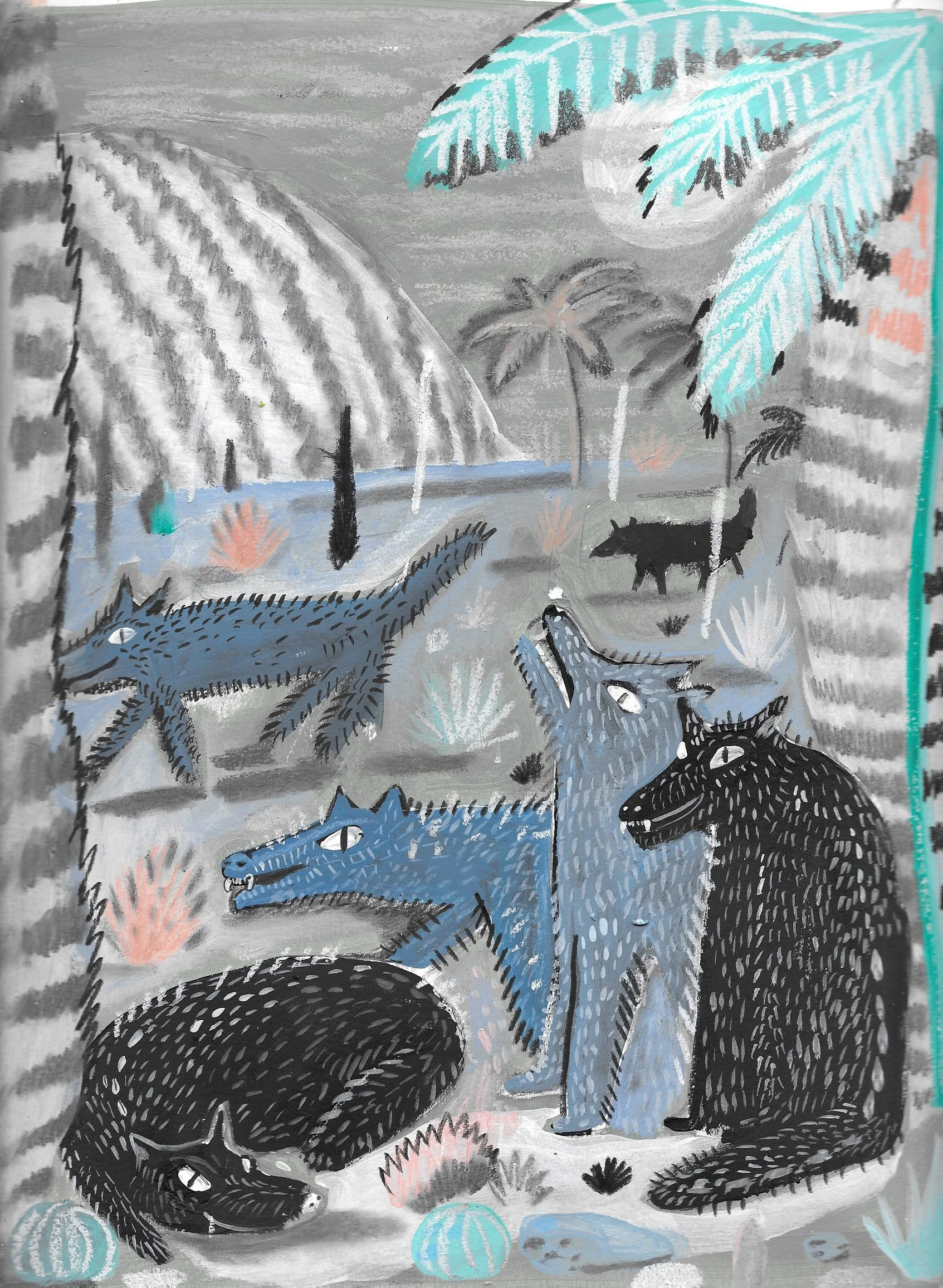 Pack of Dogs, 2019 | Gouache, colored pencil, graphite, acrylic on paper | 12x9 inches