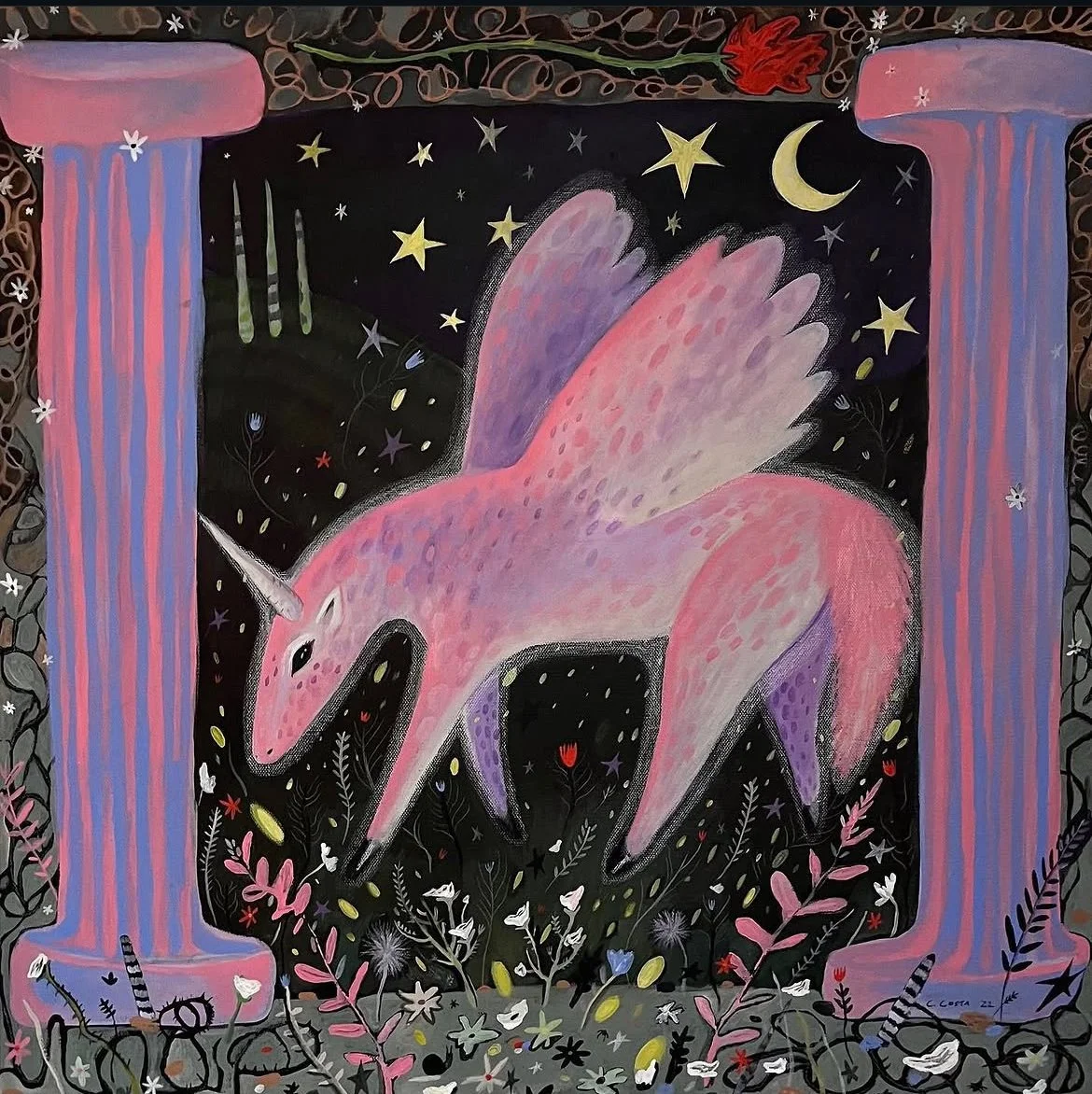 A pink unicorn with purple-tinted wings standing amidst colorful flowers and plants, with a dark night sky filled with stars, a crescent moon, and a rainbow-colored waterfall on each side, underneath an ornate decorative border.