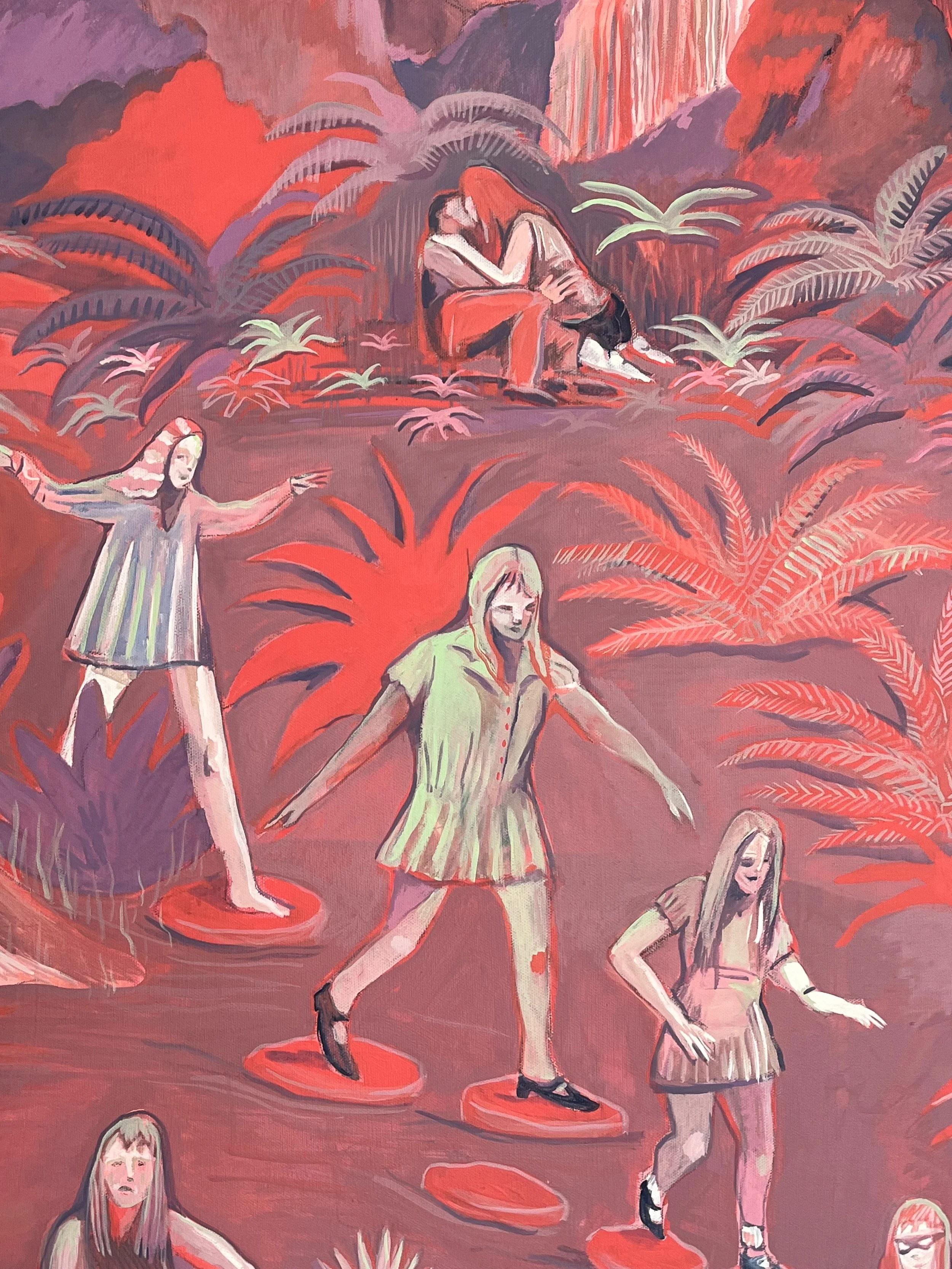 A colorful painting by artist Courtney Costa, showing a group of young women in various poses, surrounded by large pink, purple, and green tropical plants, with a stylized background in shades pink.