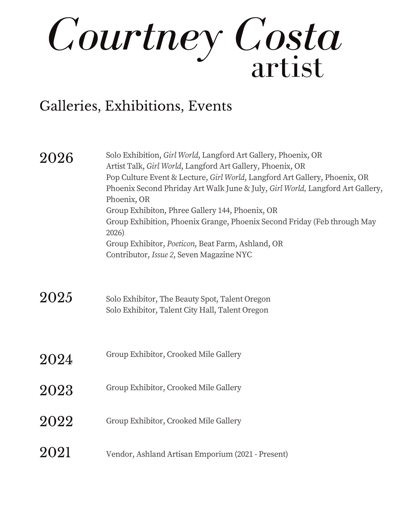 A vertical timeline of art gallery exhibitions and events by artist Courtney Costa from 2021 to 2026 with descriptions.