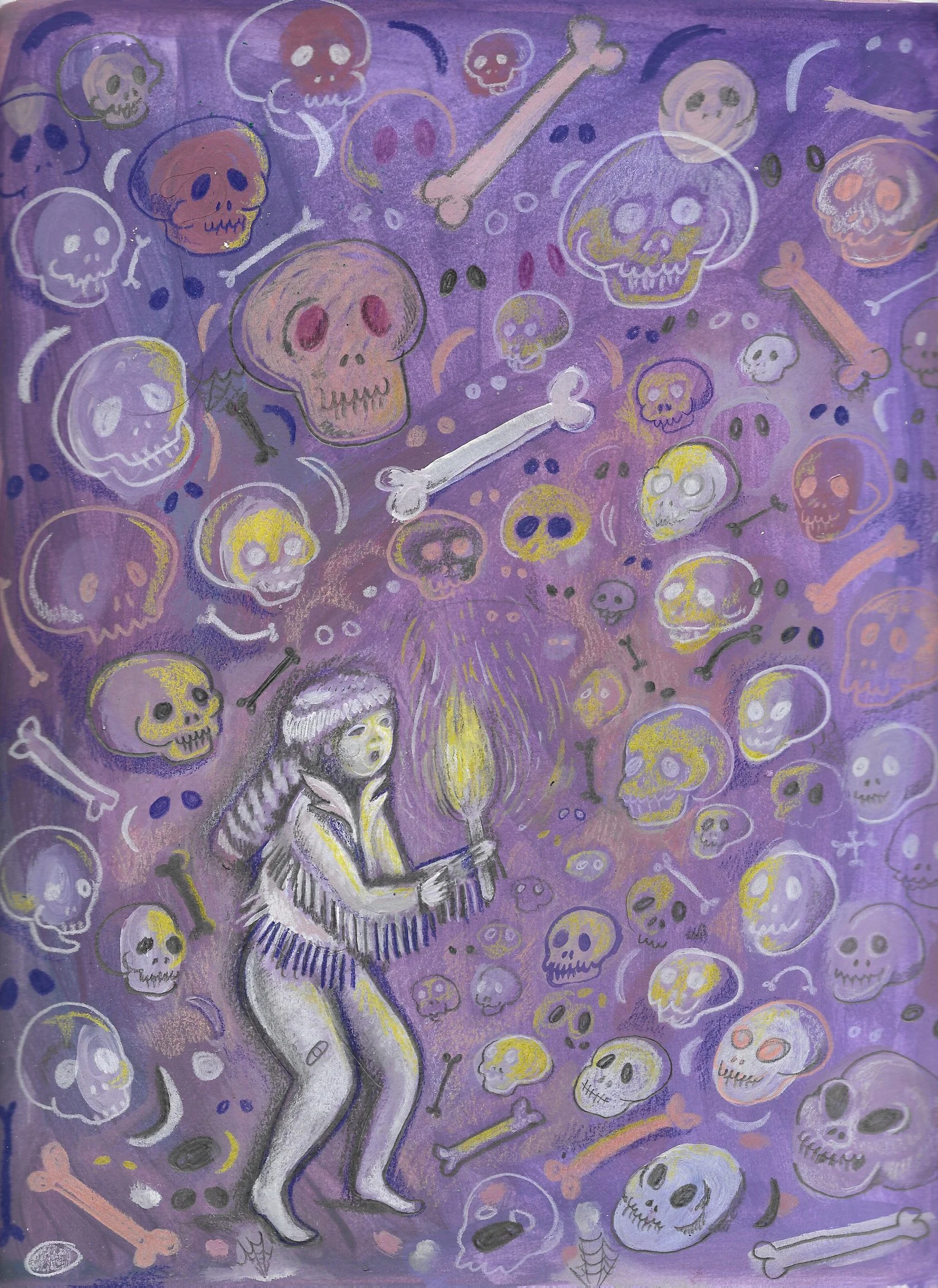 A painting featuring a skeleton girl holding a shovel, surrounded by floating skulls, bones, and other spooky elements on a purple background.