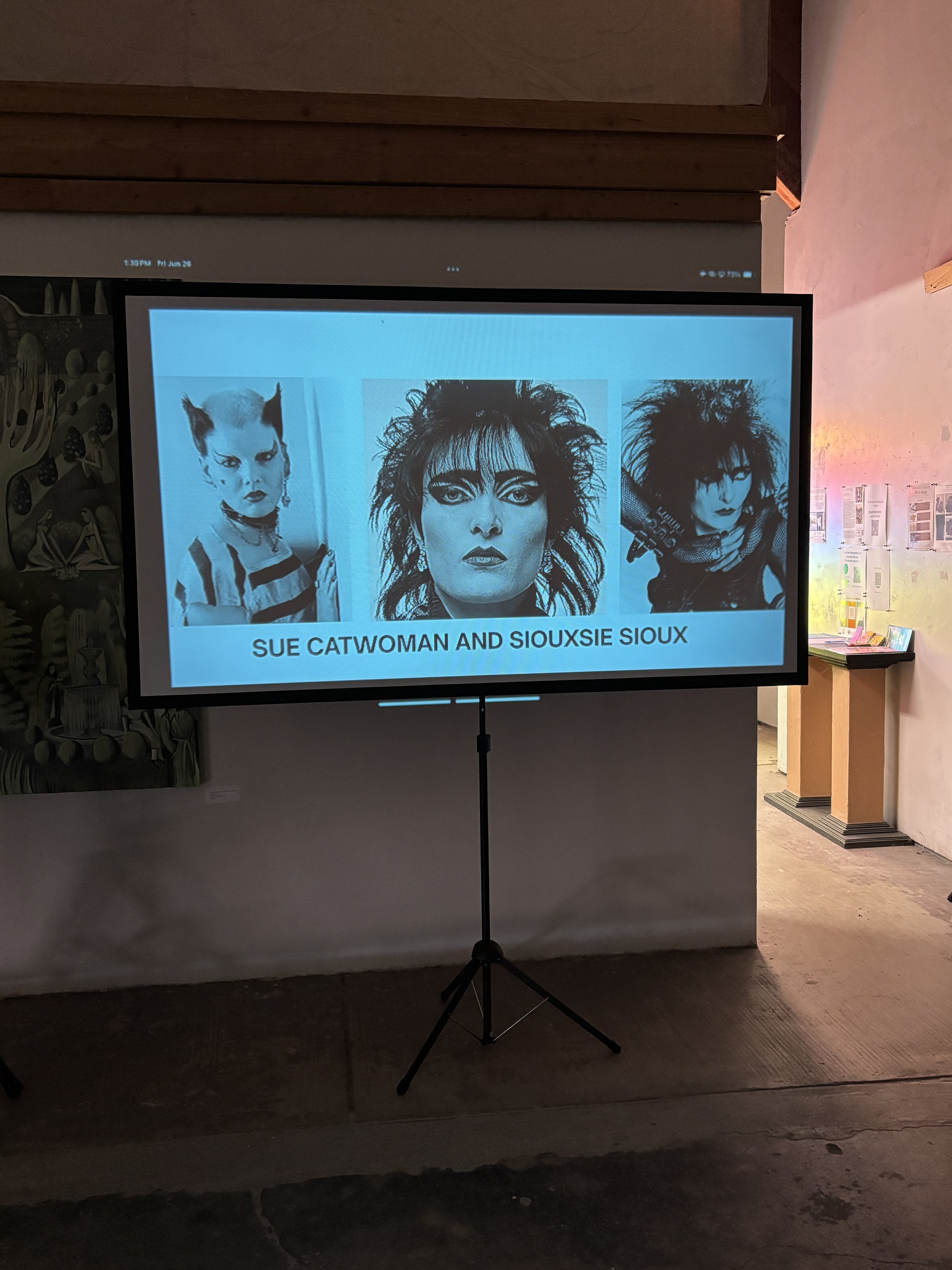 Display screen showing black and white images of women with punk style hair and makeup, with text indicating their names as Sue Catwoman and Siouxie Sioux.