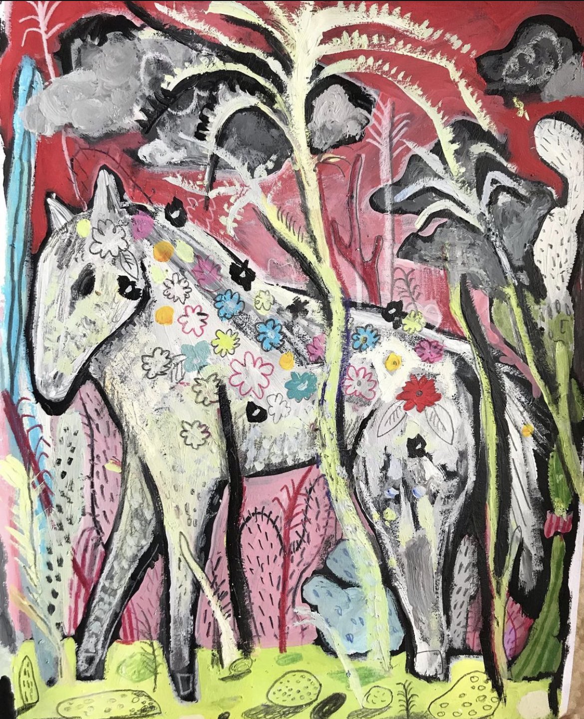 Flower Donkey, 2019 | Gouache, colored pencil, graphite, acrylic on paper | 12x9 inches