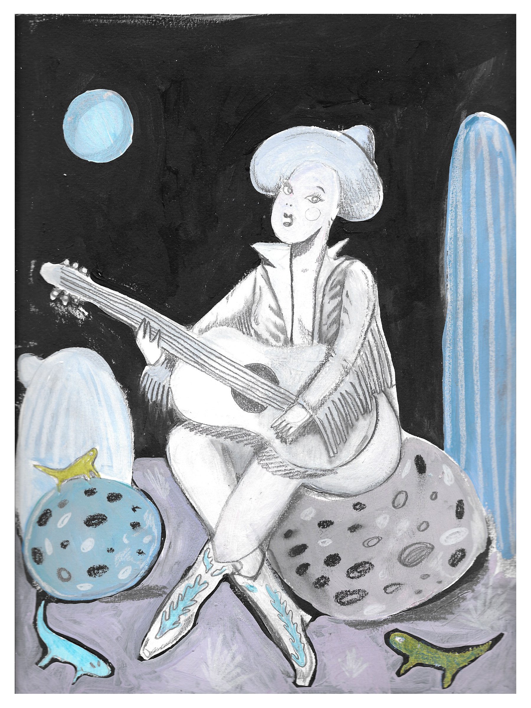 A black and white drawing of a woman with a large hat, holding a guitar, surrounded by blue and green fish, on a dark background.