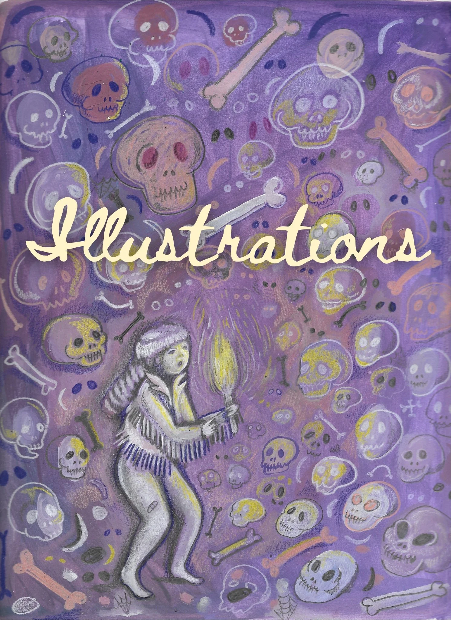 A skeleton witch with a broomstick surrounded by floating skulls, bones, and ghostly shapes on a purple background with the word 'illustrations' written across.