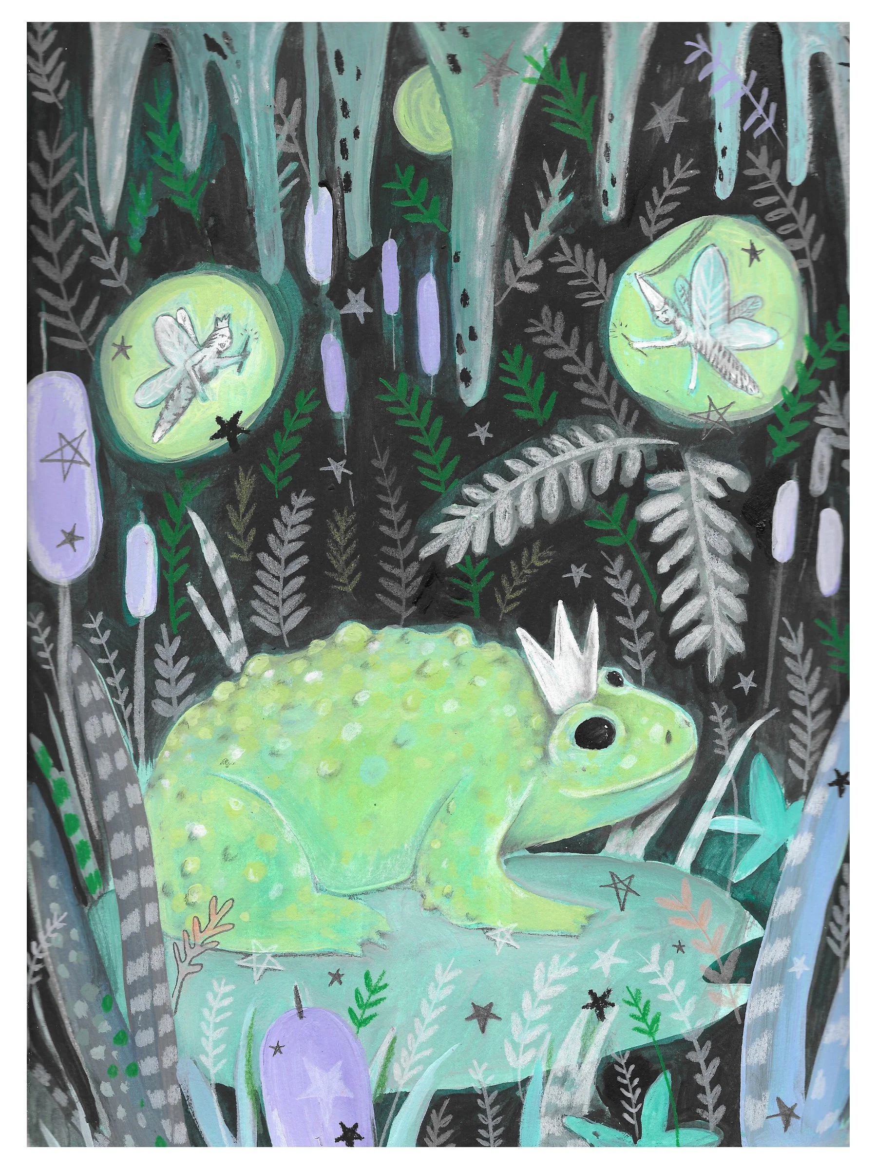 A whimsical illustration of a frog with fairy wings sitting on a pond surrounded by lush foliage, with floating glowing orbs and sparkling stars in a fantastical forest scene.
