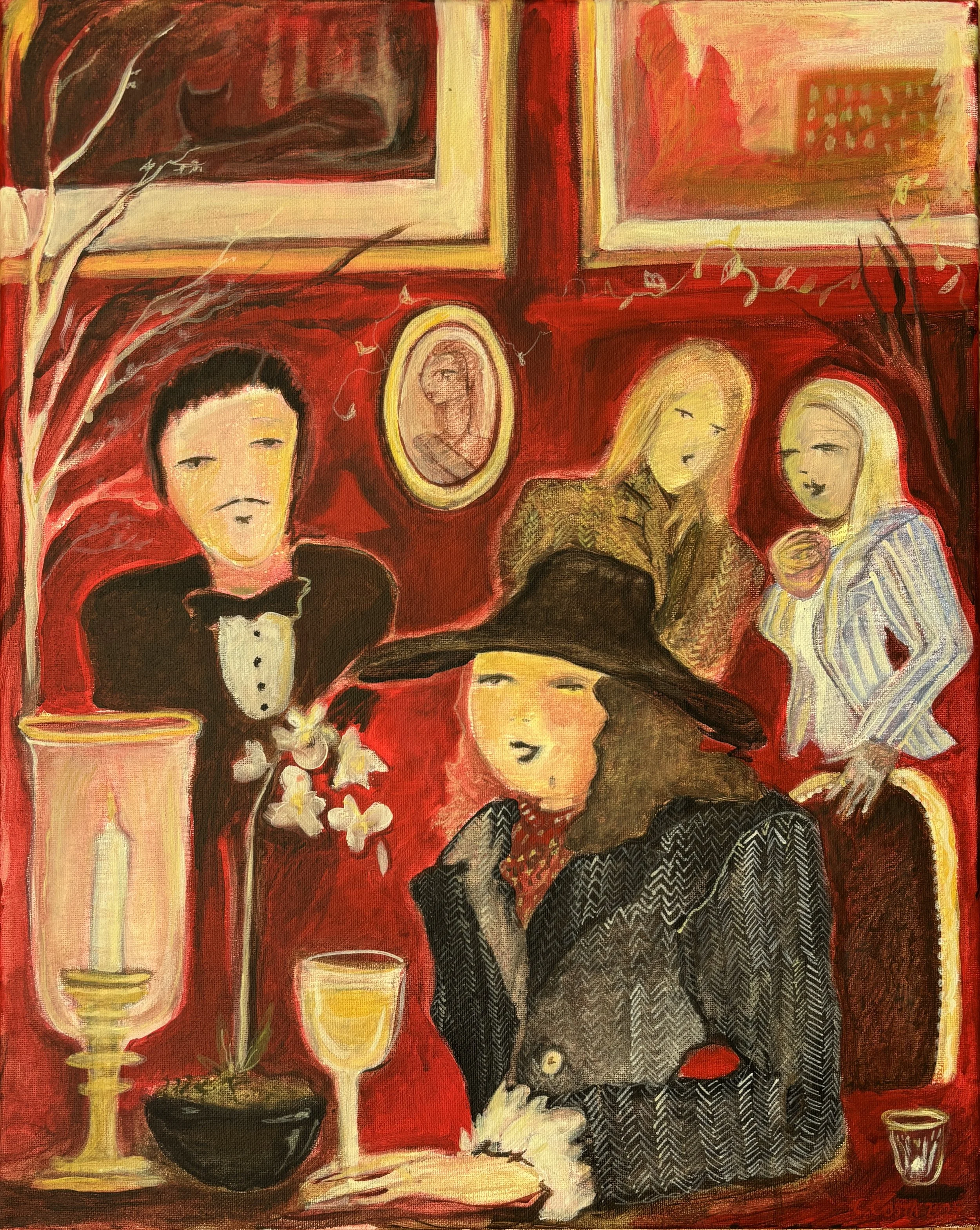 A surreal painting depicting various figures and objects against a predominantly red background. It includes a woman in a hat holding a cat, a woman with blonde hair, a portrait of a woman in an oval frame, a black cat, a lit candle, and some glasses. The scene has a dreamlike, artistic style with expressive brushstrokes and a warm color palette.