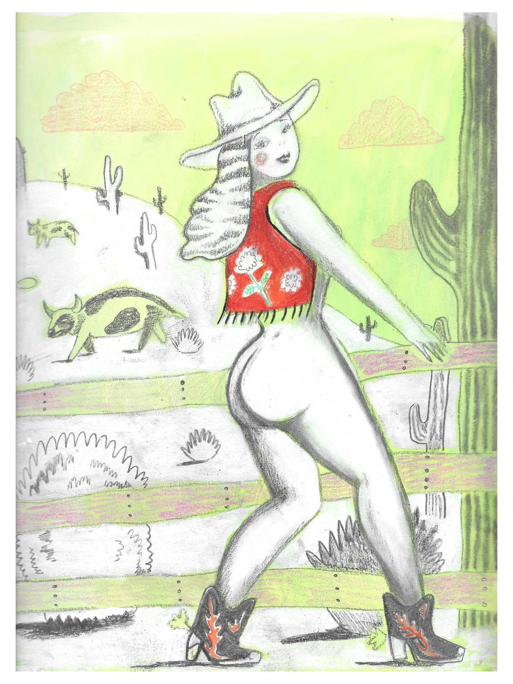 Cowgirl Pinup, 2019 | Gouache, colored pencil, graphite, acrylic on paper | 12x9 inches
