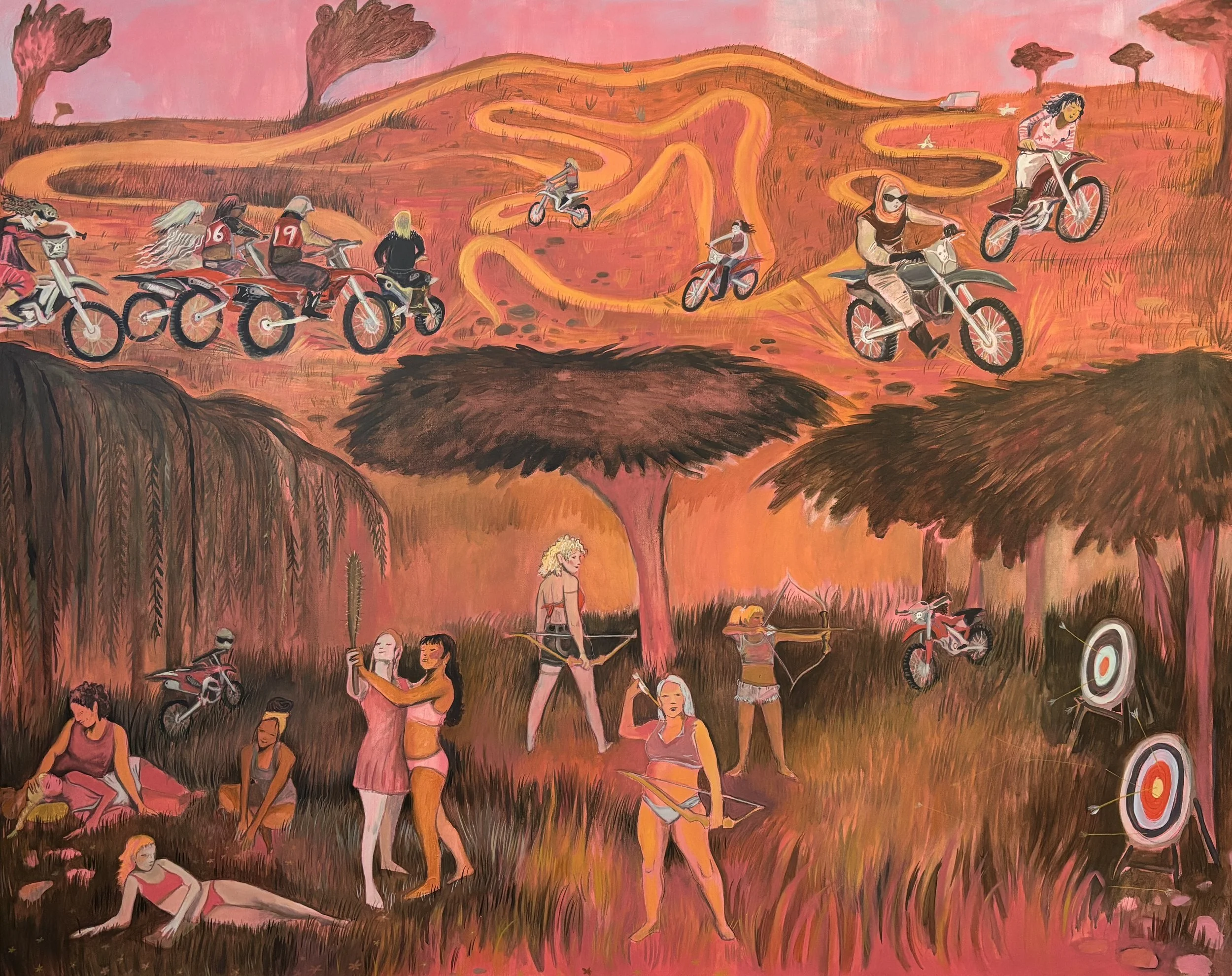 A colorful mural depicting people riding dirt bikes, walking, and interacting outdoors in a vibrant landscape with trees and winding trails.