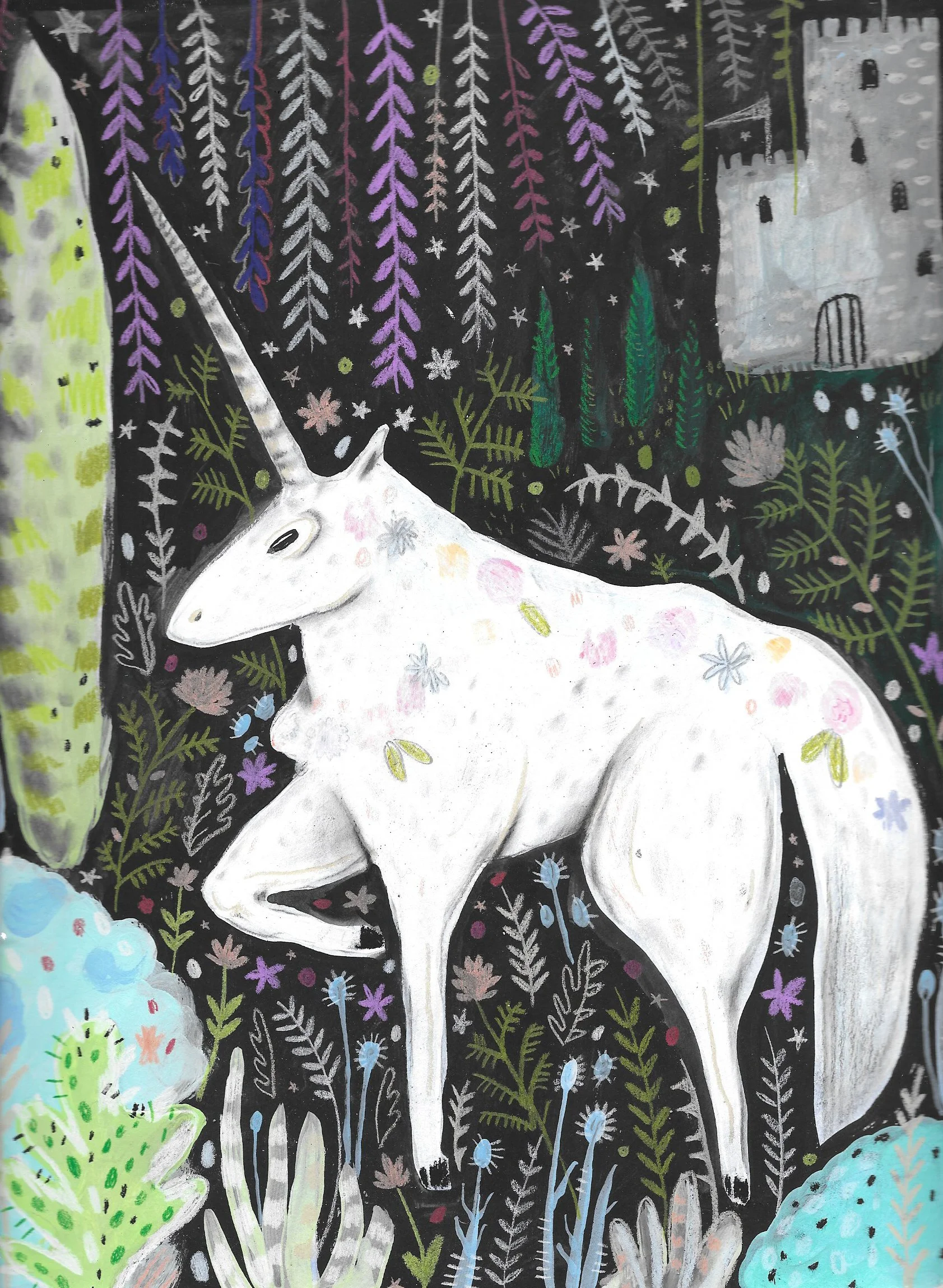 A colorful, stylized illustration of a white unicorn lying down on a black background filled with various pastel-colored flowers, leaves, and star-like patterns. The unicorn's body is decorated with small pink and yellow accents, and set against vibrant, decorative foliage surrounding it.