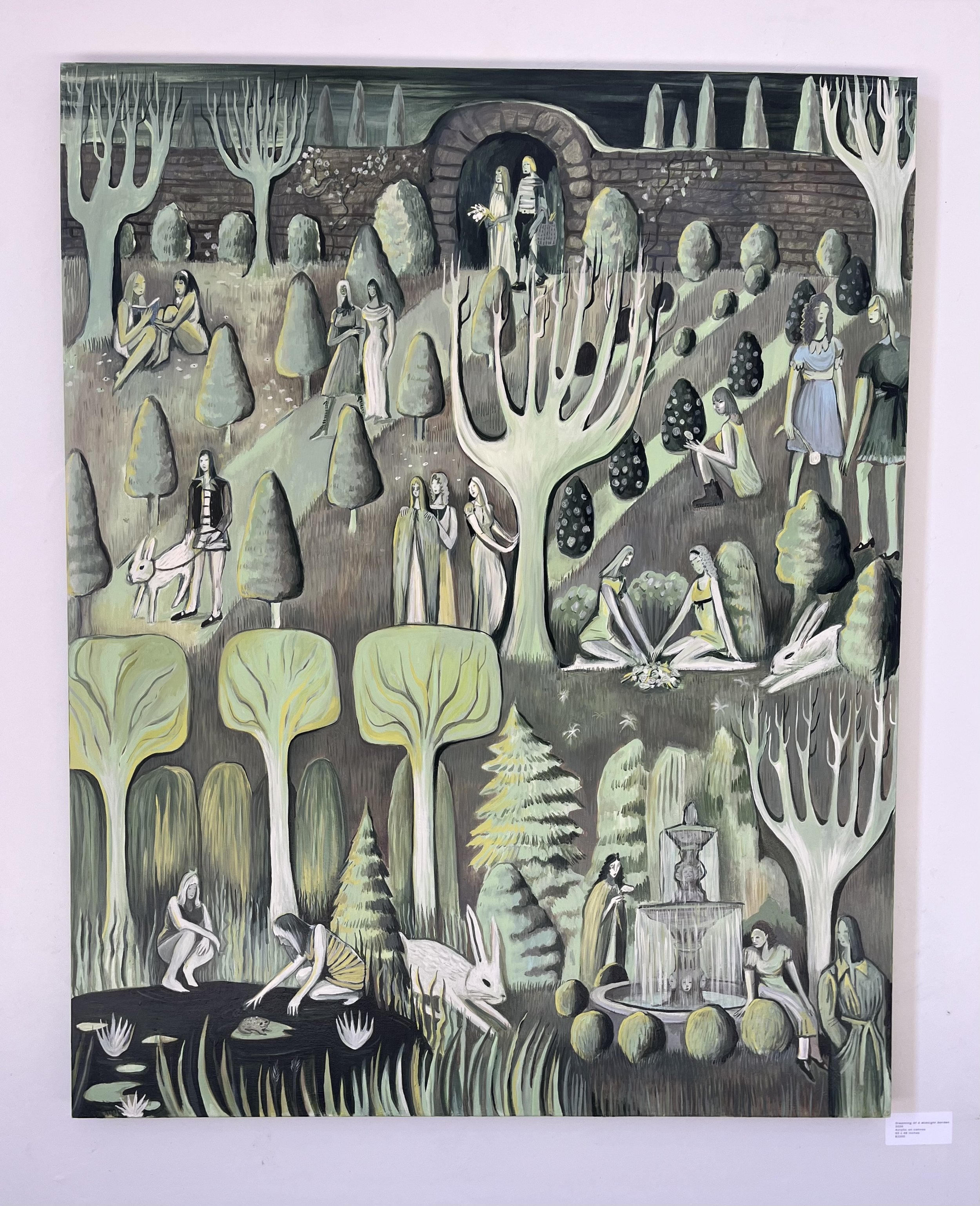 A black, green, and white painting depicting a garden scene with trees, bushes, and various animals including a white rabbit, a bird, and a fox. Several people are seen walking, sitting, or interacting in the garden, with some near a fountain and oth
