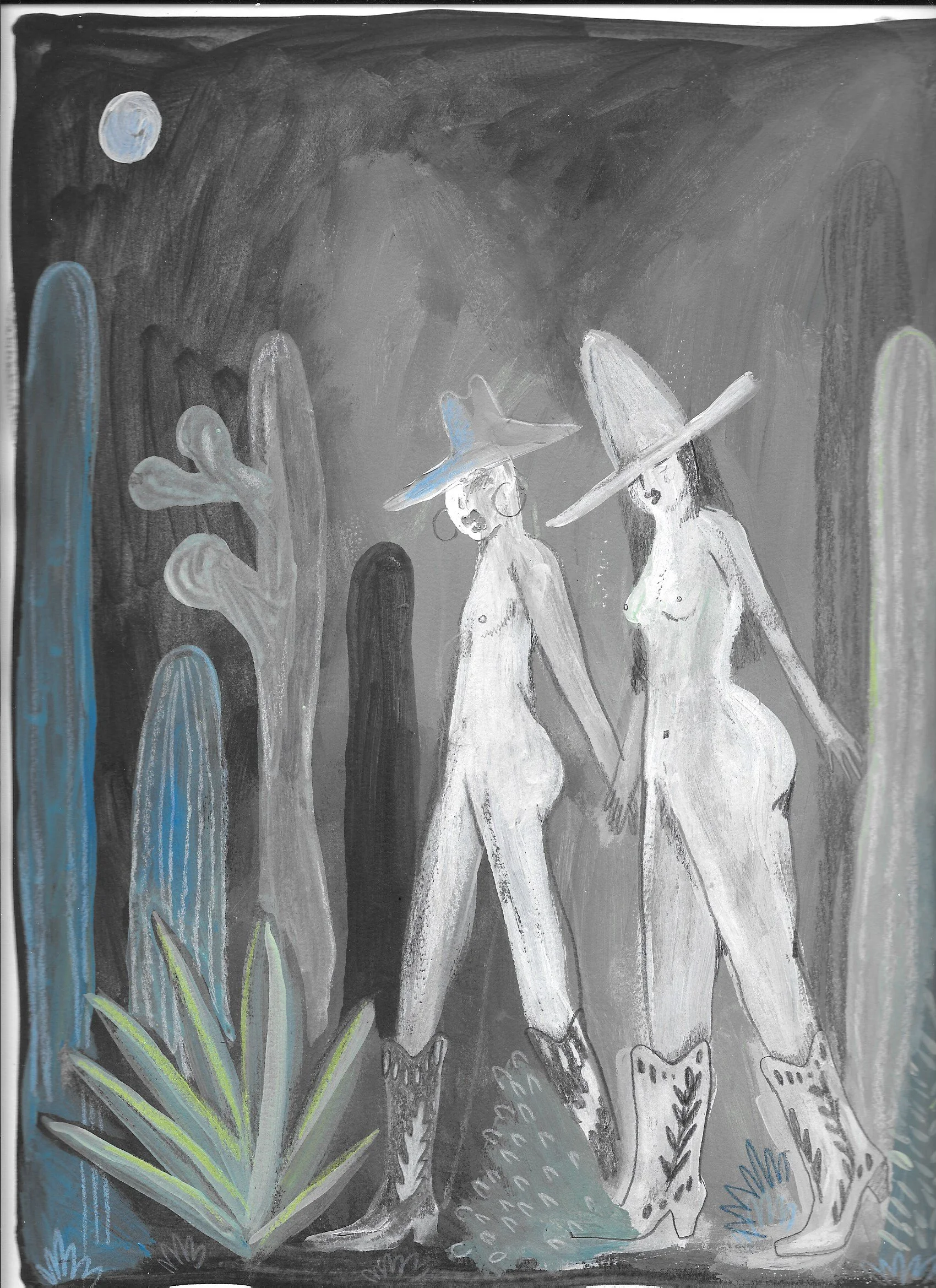 Cowgirls At Night, 2019 | Gouache, colored pencil, graphite, acrylic on paper | 12x9 inches