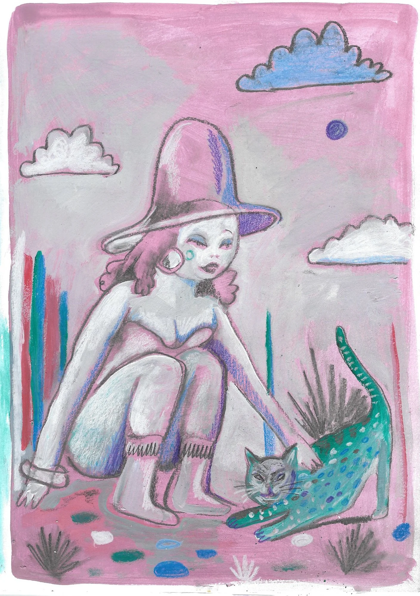 A colorful, whimsical drawing of a woman with a large purple hat, sitting on the ground with her knees up, surrounded by clouds, a cat, and various abstract shapes on a pink background.