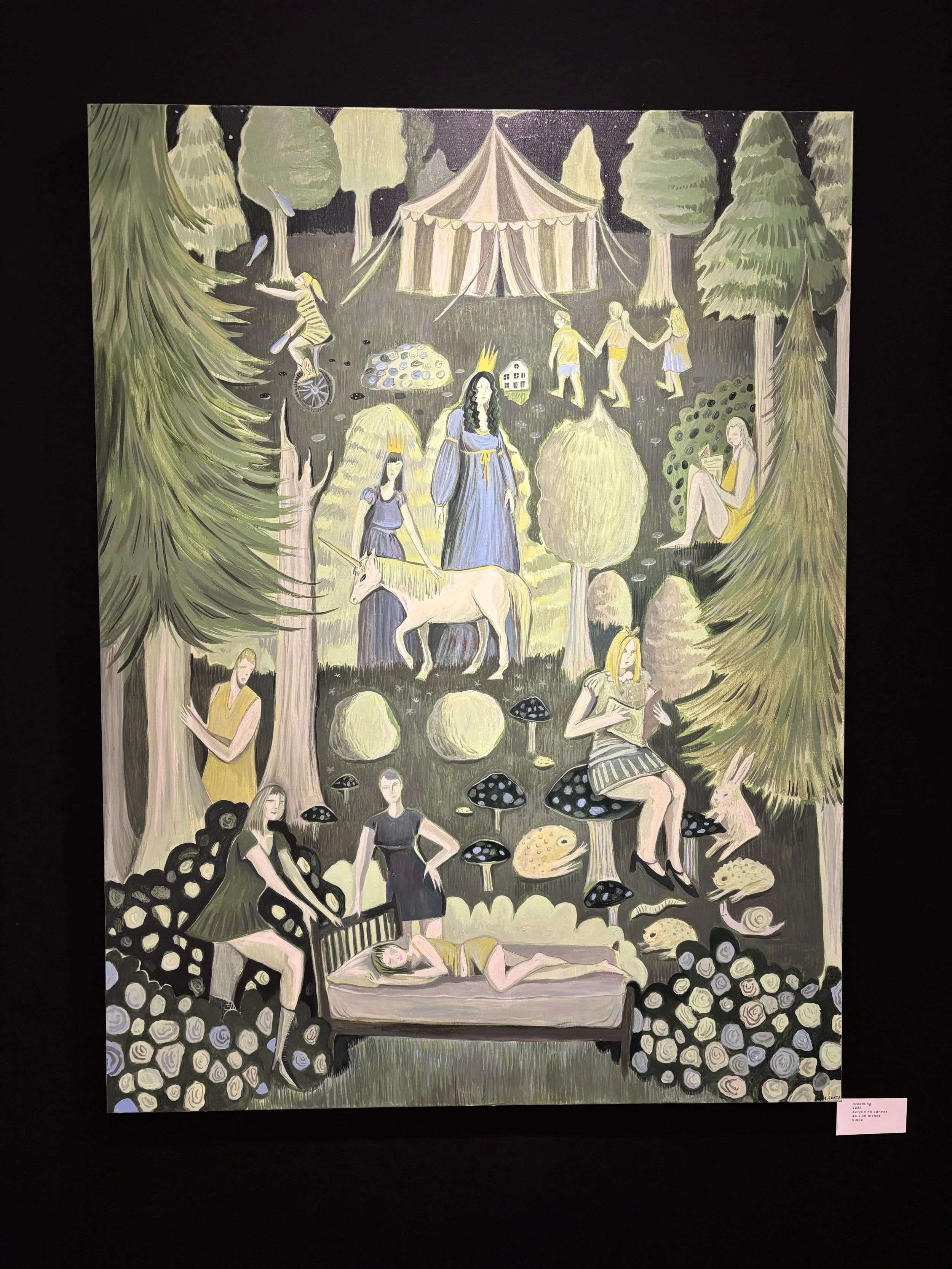 A detailed painting depicting a whimsical forest scene with people, animals, and various fantastical elements, including a woman with a crown, a unicorn, mushrooms, and a circus tent in the background.