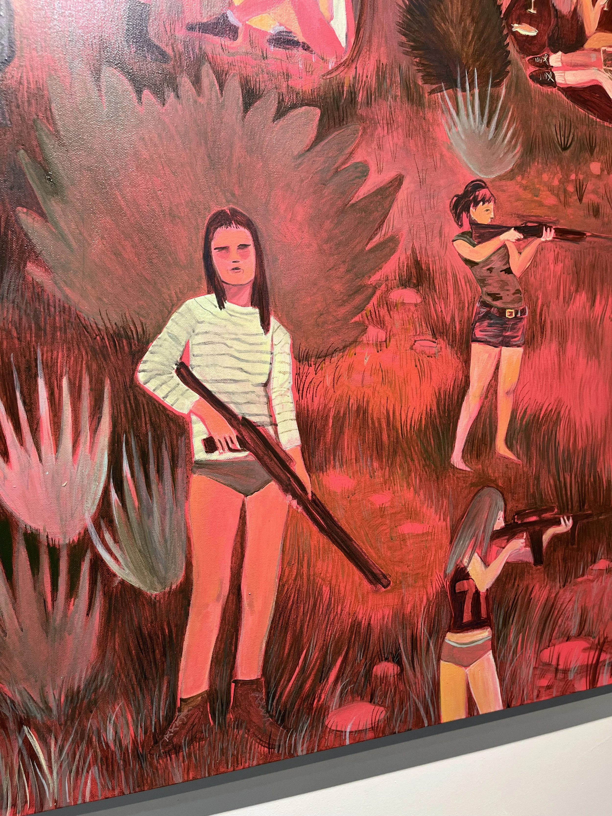 A painting featuring women holding guns, depicted in a stylized, abstract manner with predominantly red and dark tones.