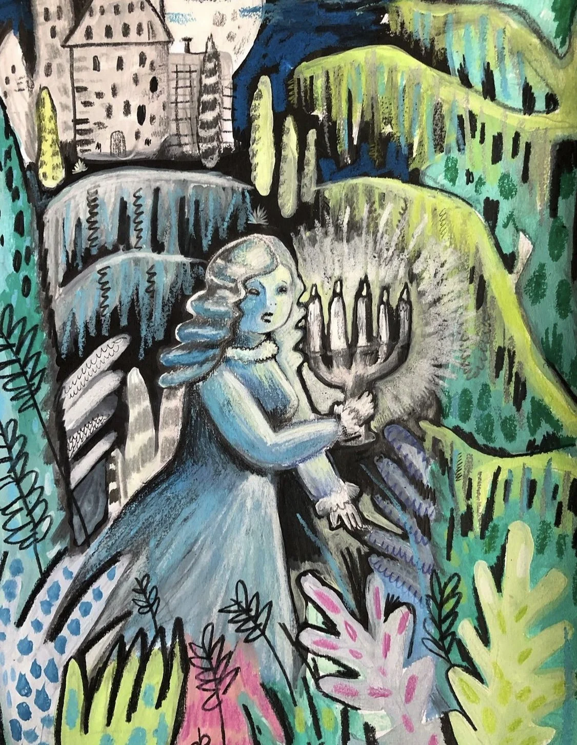 A colorful illustration of a girl with long, flowing hair wearing a dress, holding a menorah, surrounded by lush greenery and a large castle in the background.