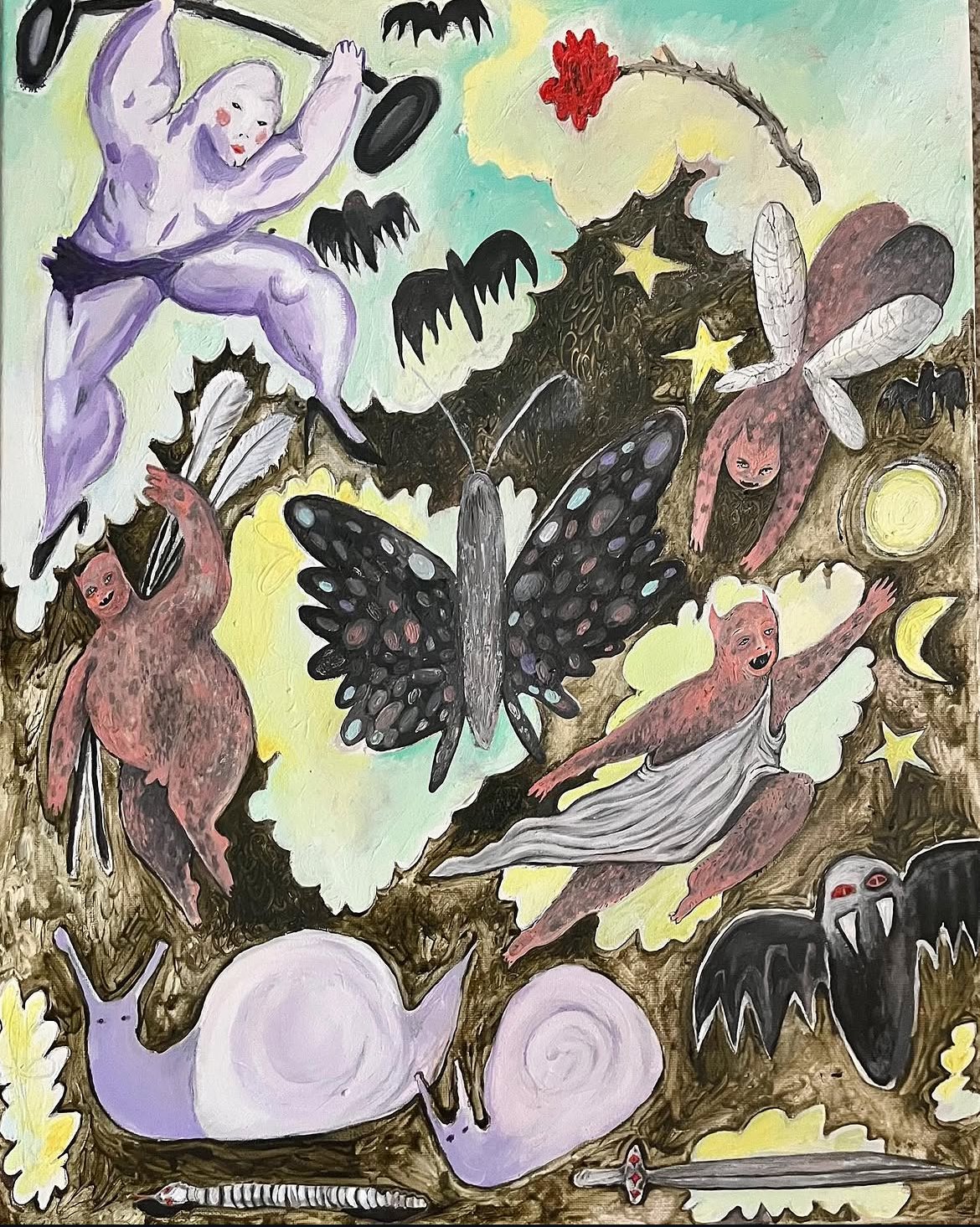 A surreal painting featuring mythical creatures with animal and human features, butterflies, bats, celestial bodies, and abstract elements with vibrant colors and expressive forms.