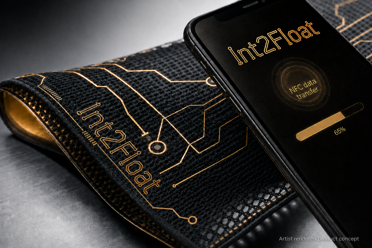 a black sleeve displaying a circuit-like design. Next to it, a smartphone screen shows a NFC data transfer process with a progress bar at 65%.