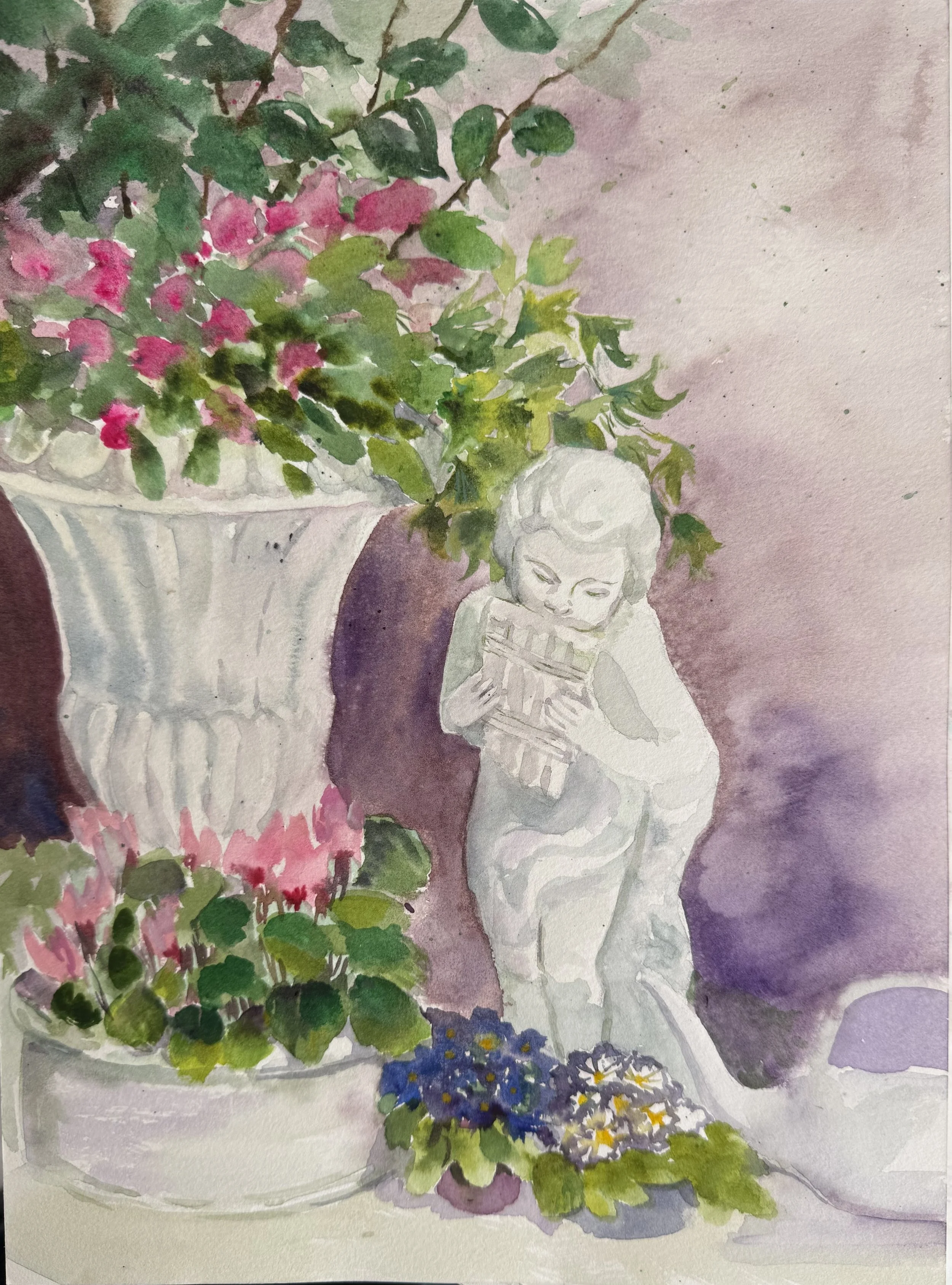 beautiful watercolor painting with a feminine cherub statue, posing with pink and purple flowers in white containers and pots.  mothers day and valentines day gift, depicting a heavenly garden setting with cyclamen, violets, pansies.